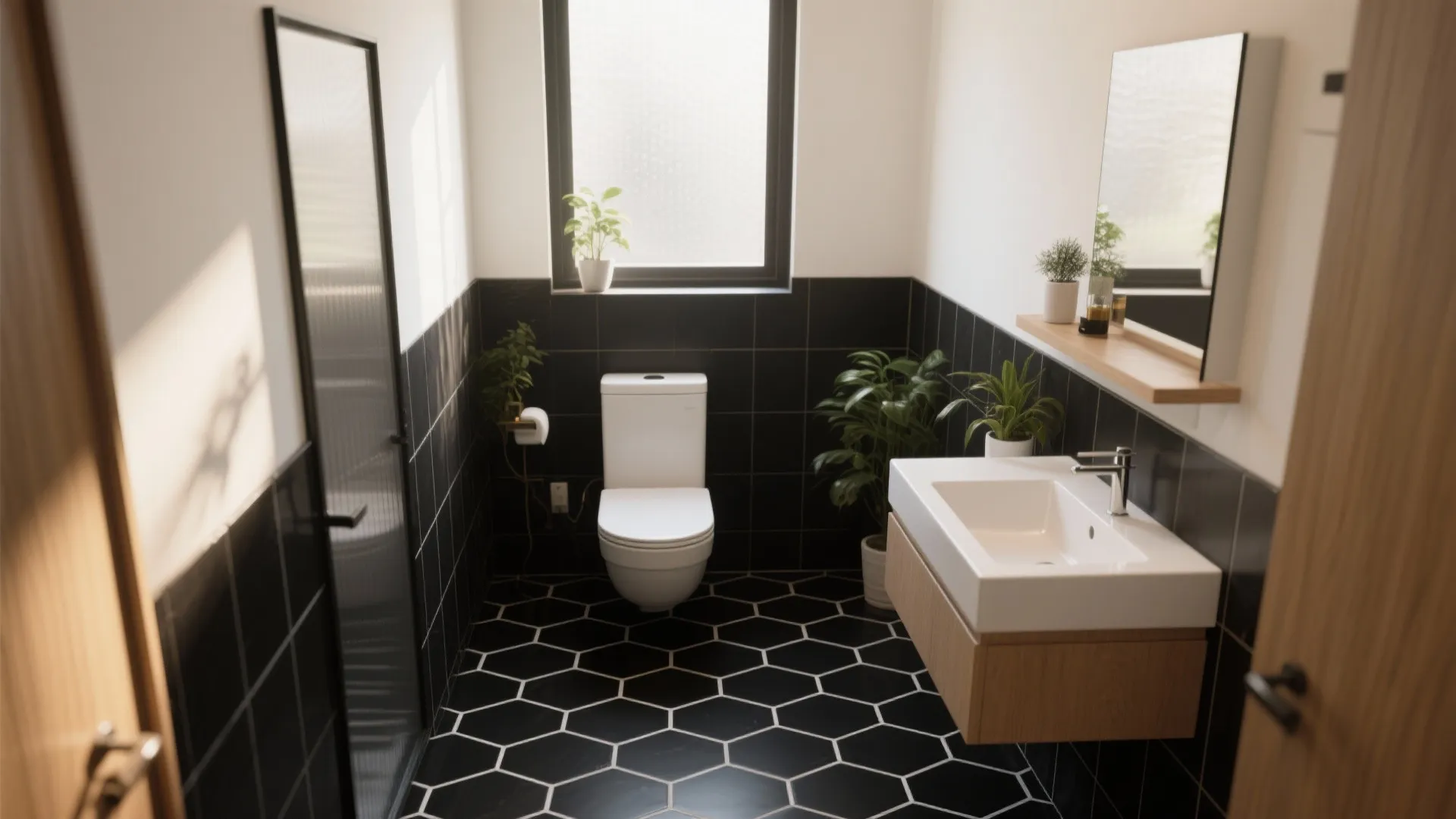 Contemporary ensuite bathroom with black hexagon floor tiles white toilet wooden cabinet and green plants