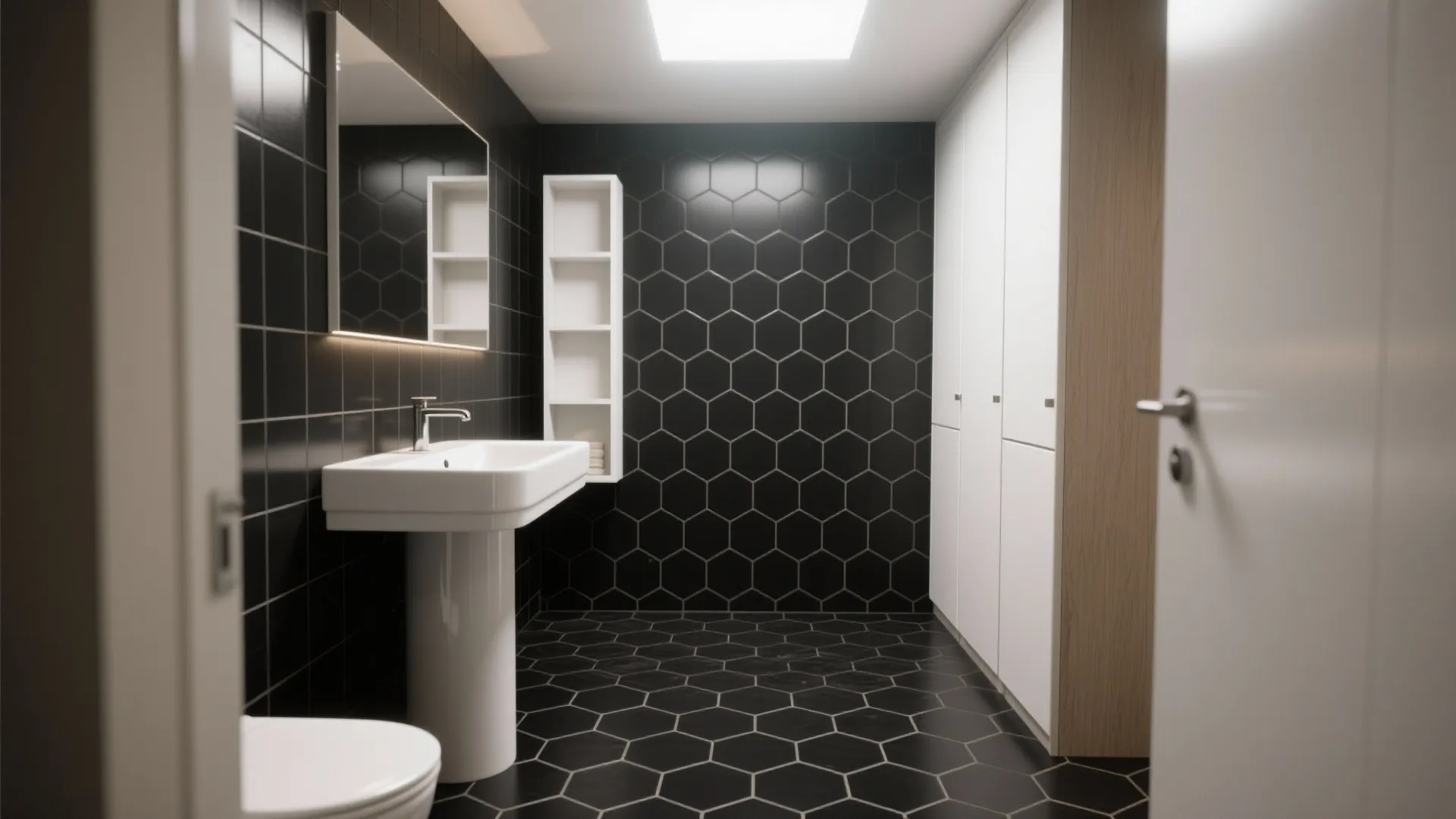 2. Black hexagon floor with white fixtures