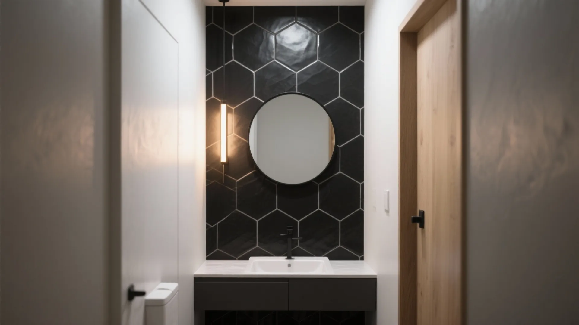 Bathroom vanity area with black hexagon wall tiles round mirror white sink and hanging light