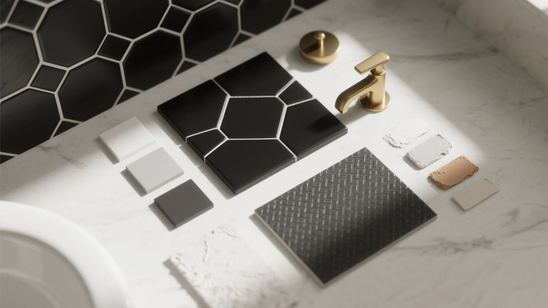 Black hexagonal tiles and color samples on a white marble countertop with a shiny faucet