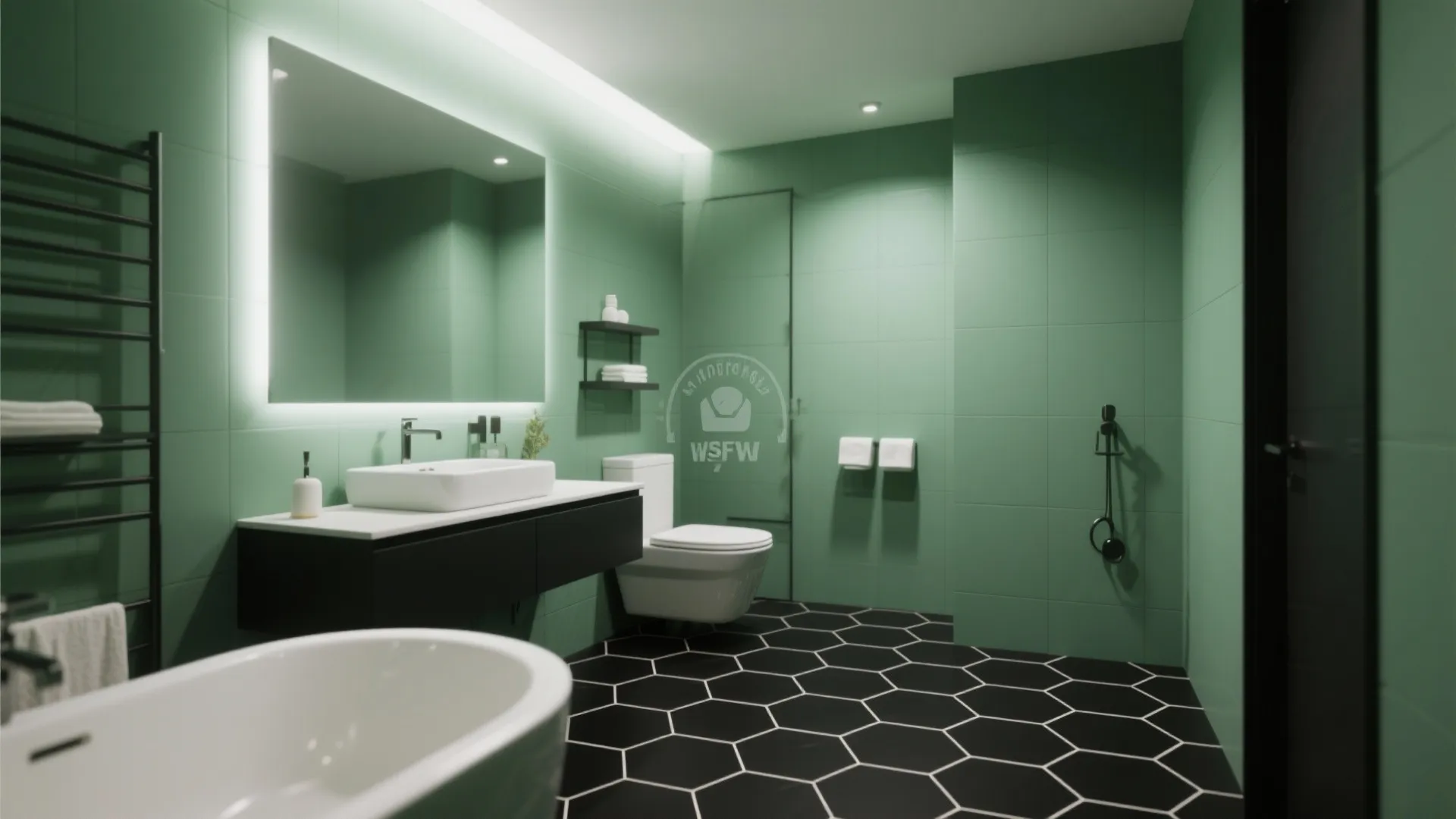 7. Black Hex Tiles with Moss Green Walls