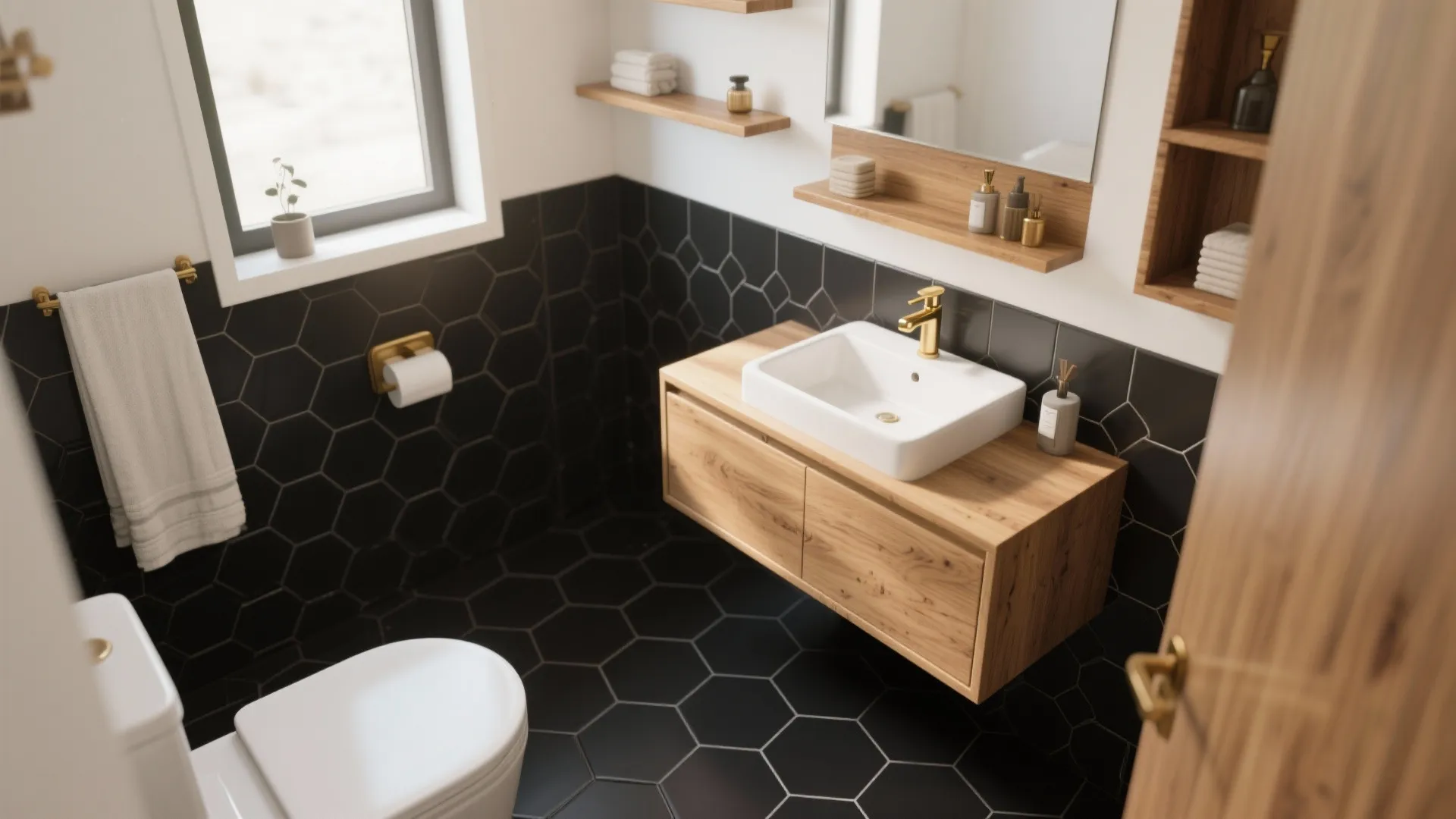 Small bathroom with black hex tile floor and warm oak floating vanity with brass fixtures
