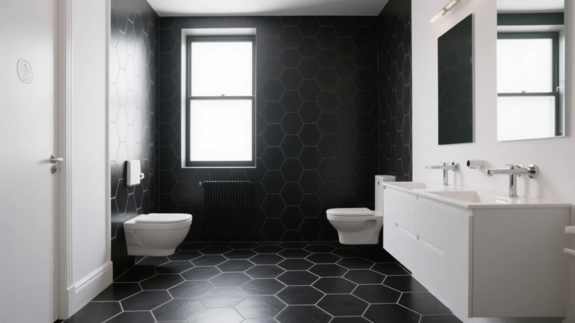 Modern bathroom with black hexagon wall tiles white vanity unit two sinks and a window