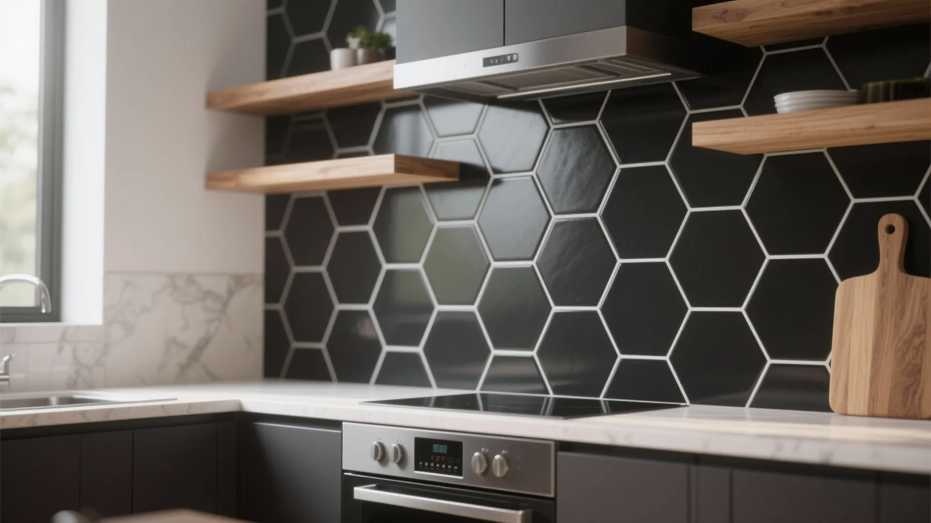 10. Black Hexagons with White Grout