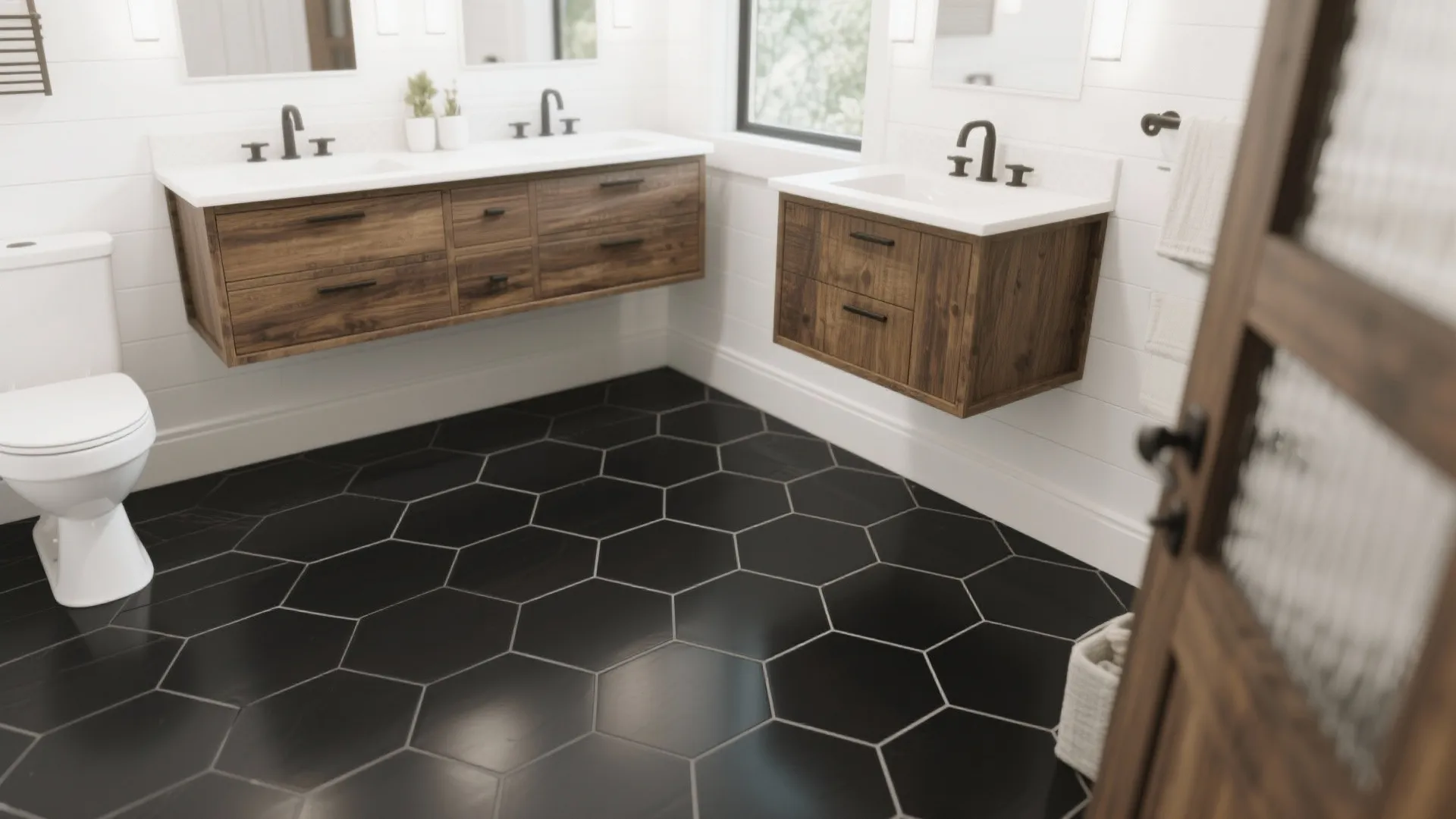 Modern bathroom featuring black hexagon floor tiles with two wooden floating cabinets and white toilet