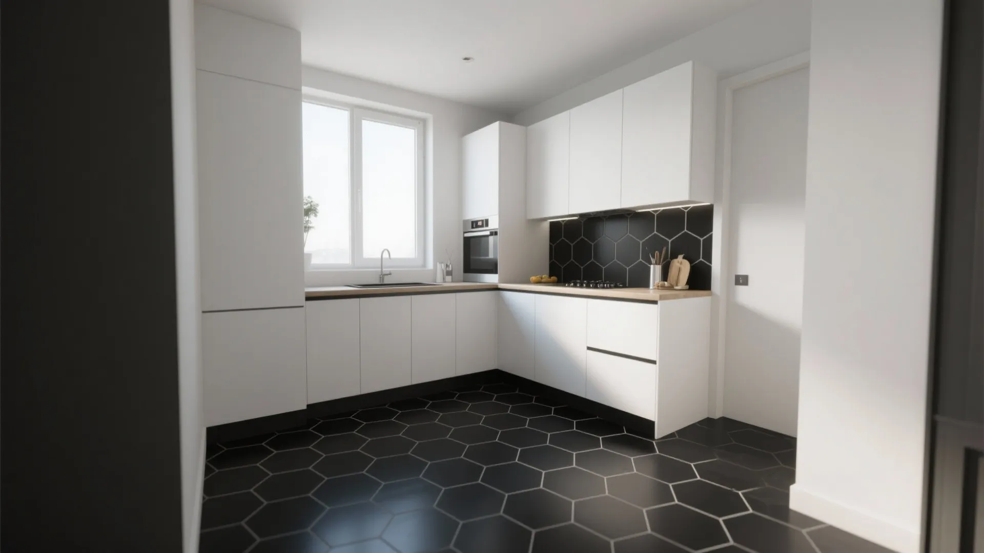 Minimalist white kitchen interior featuring black hexagon floor tiles wooden countertops and a large bright window