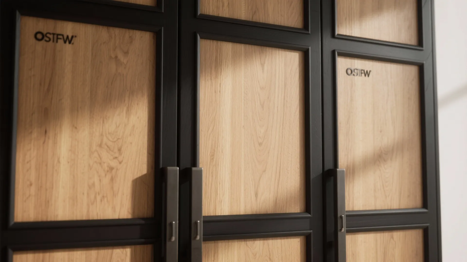 Close up view of wooden cabinet doors with black frame borders and simple metal handles
