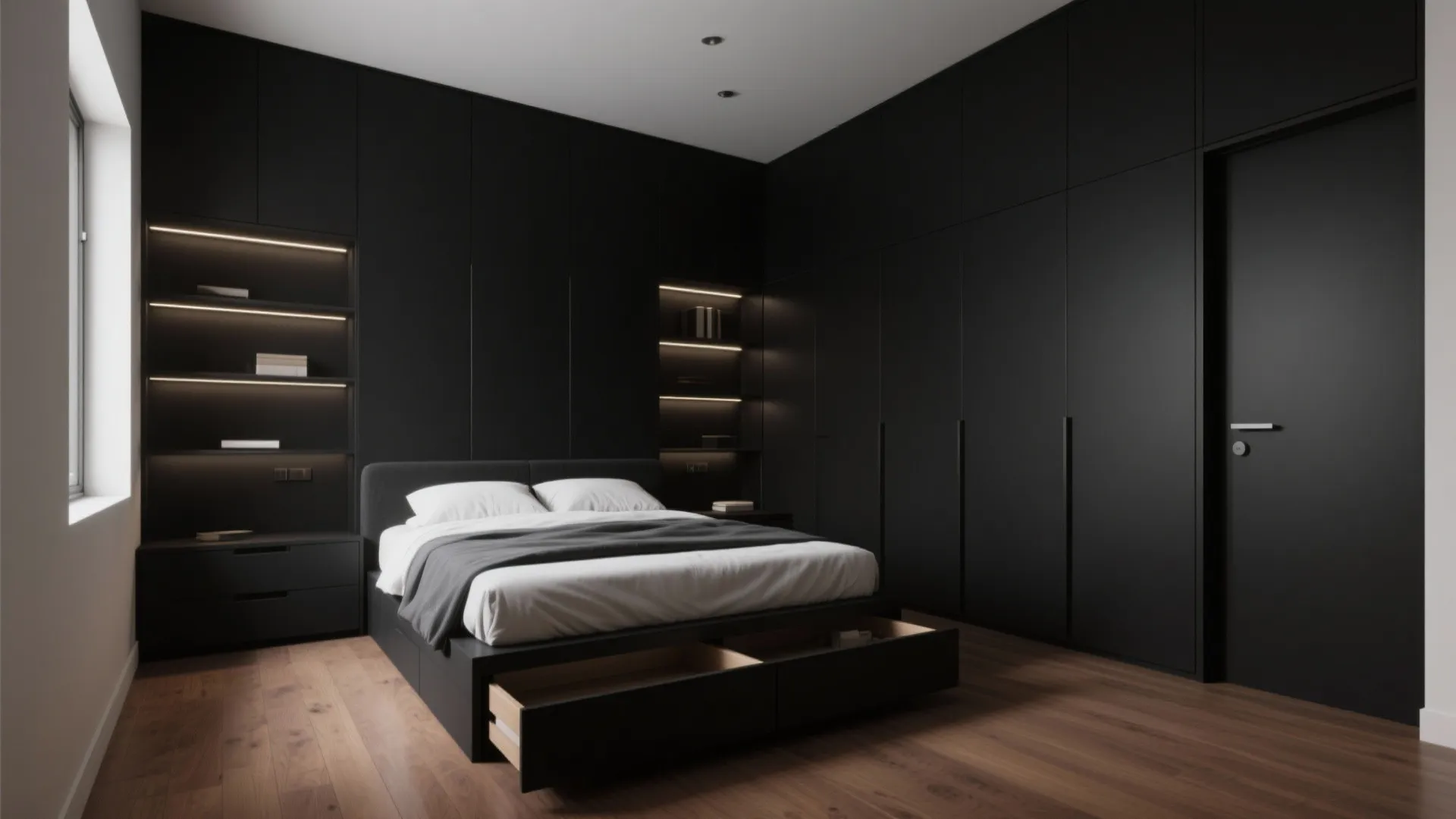 Black bedroom with floor-to-ceiling cabinetry and recessed shelving for invisible storage.