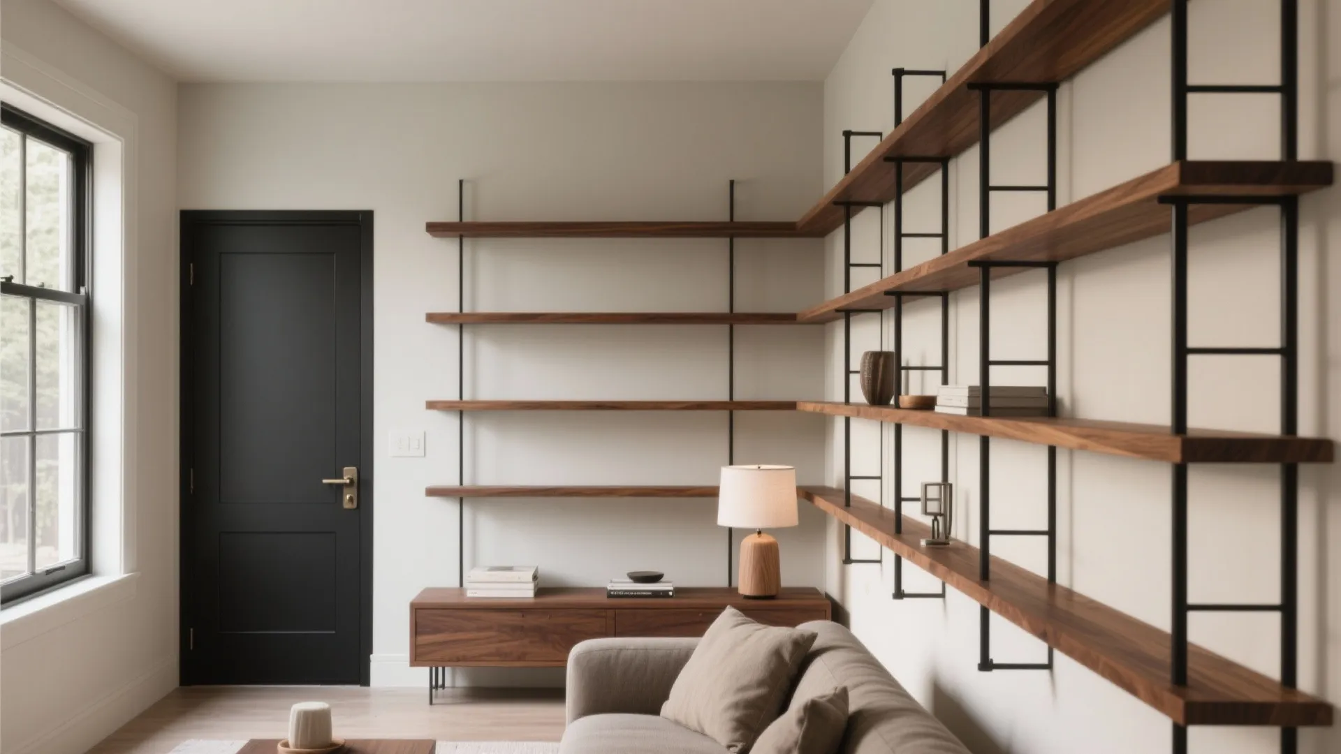 Matte Black Iron Shelving Wall with Wood