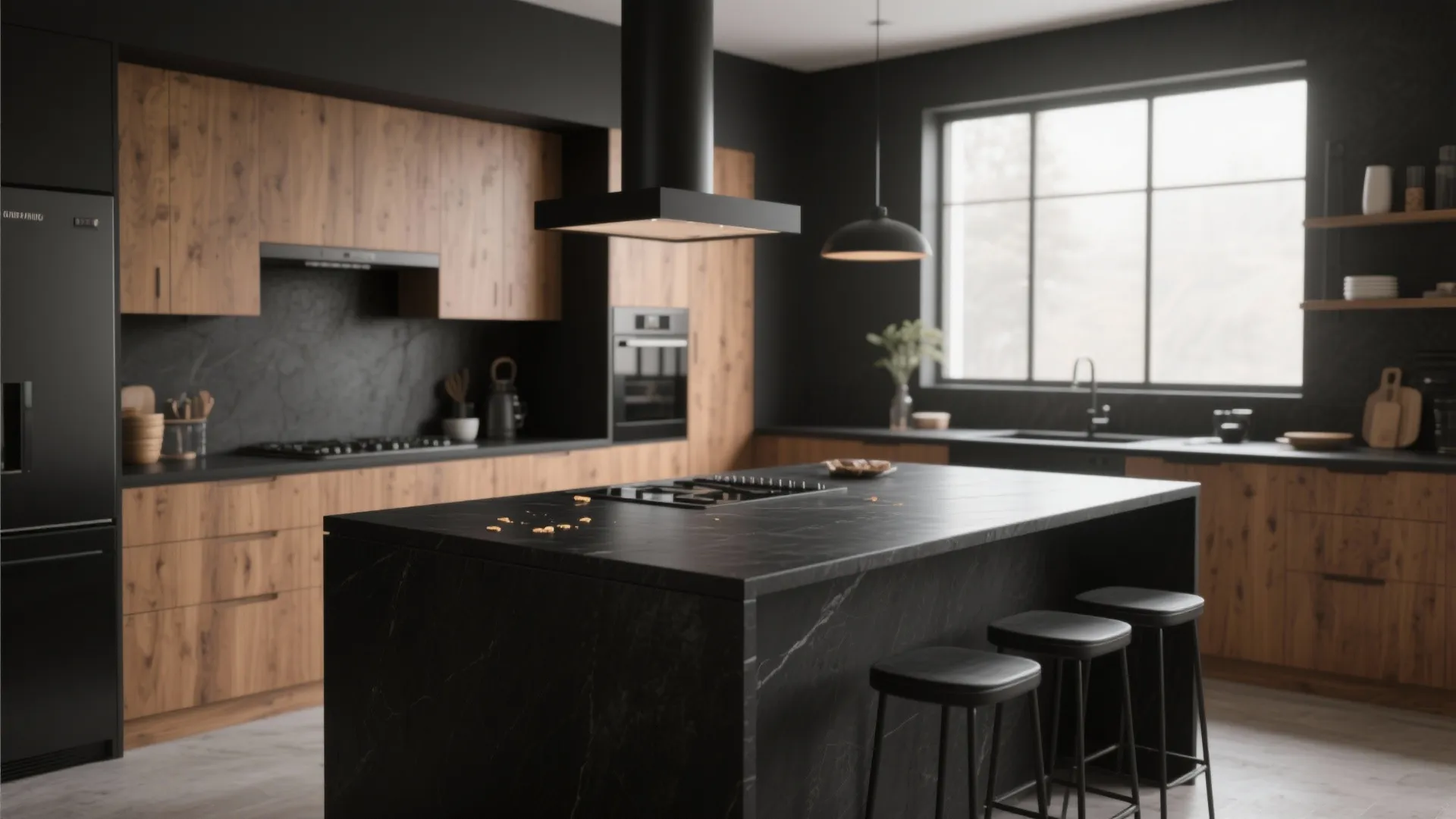 2. Black island with wood perimeter cabinets