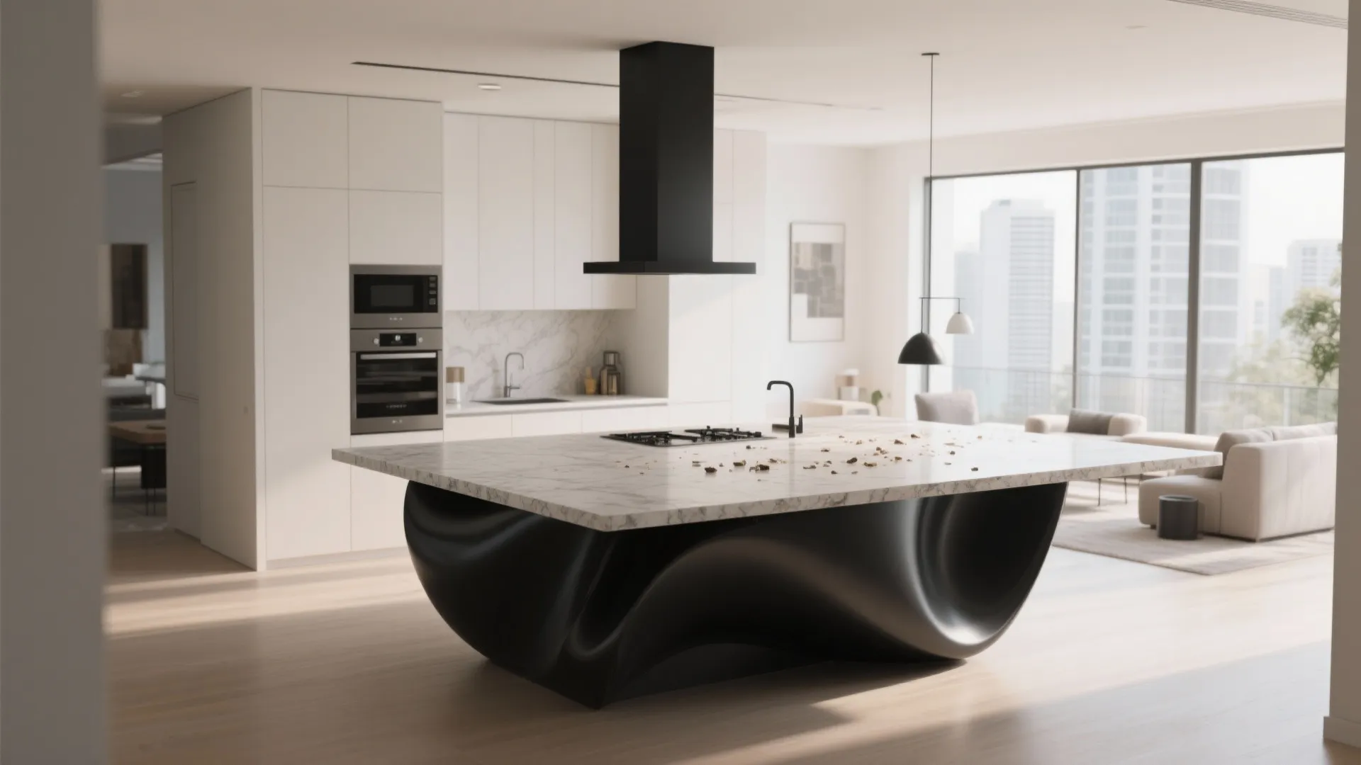 2. Black island as the room’s sculptural anchor