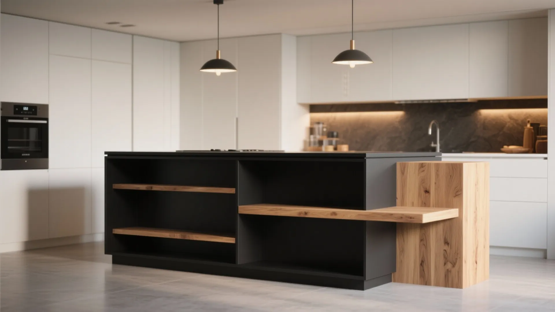 Matte black kitchen island with wood countertop and open shelving, set against white cabinets.