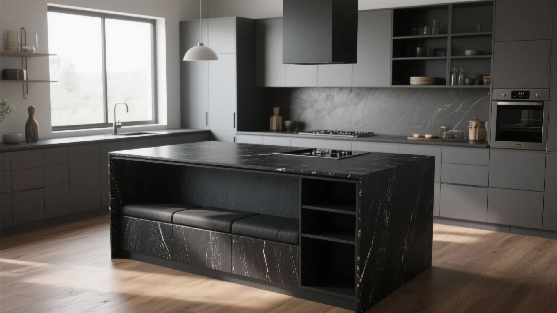 Modern grey kitchen featuring a large black marble island with wooden floor and natural light