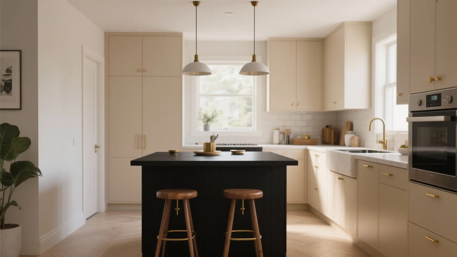 Small kitchen featuring a matte black island with seating and beige surrounding cabinetry