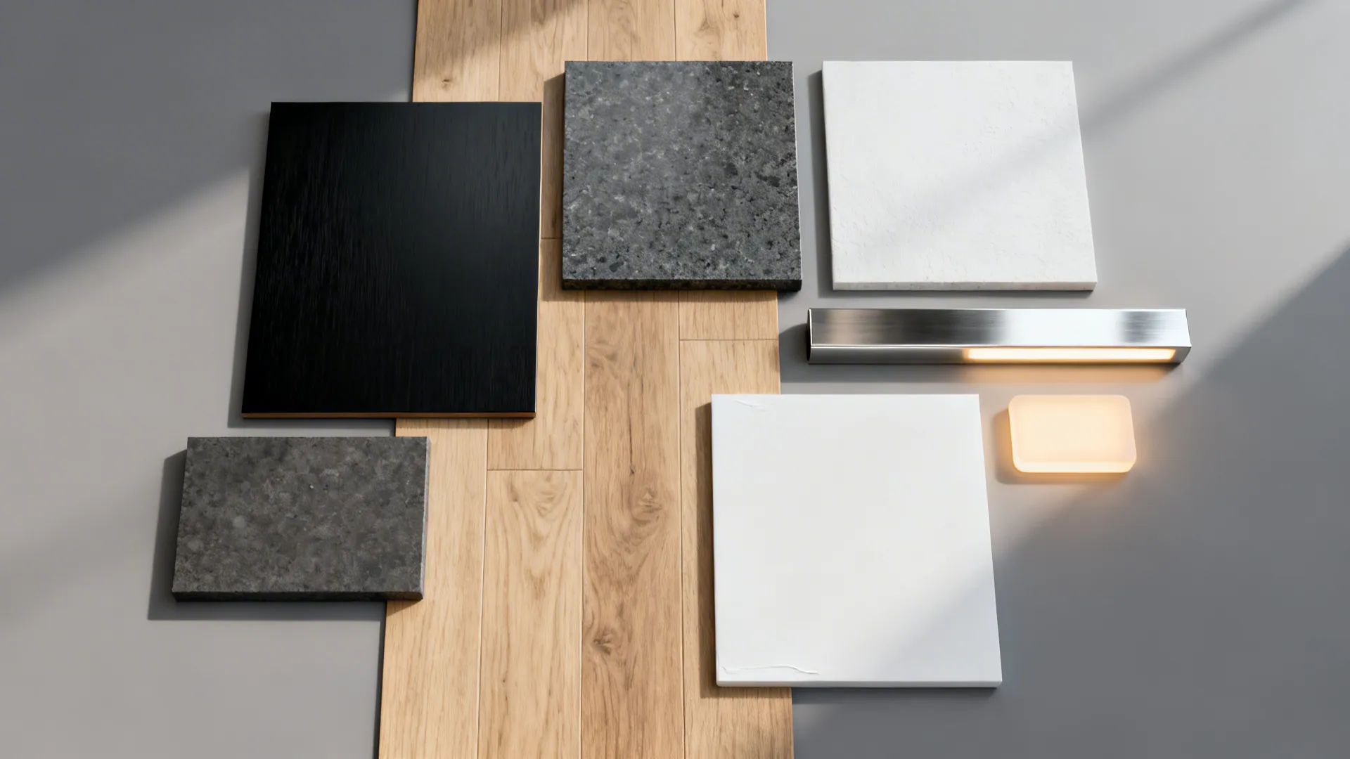 Material flatlay with matte black surface, graphite quartz, light oak, white paint, and stainless accents.