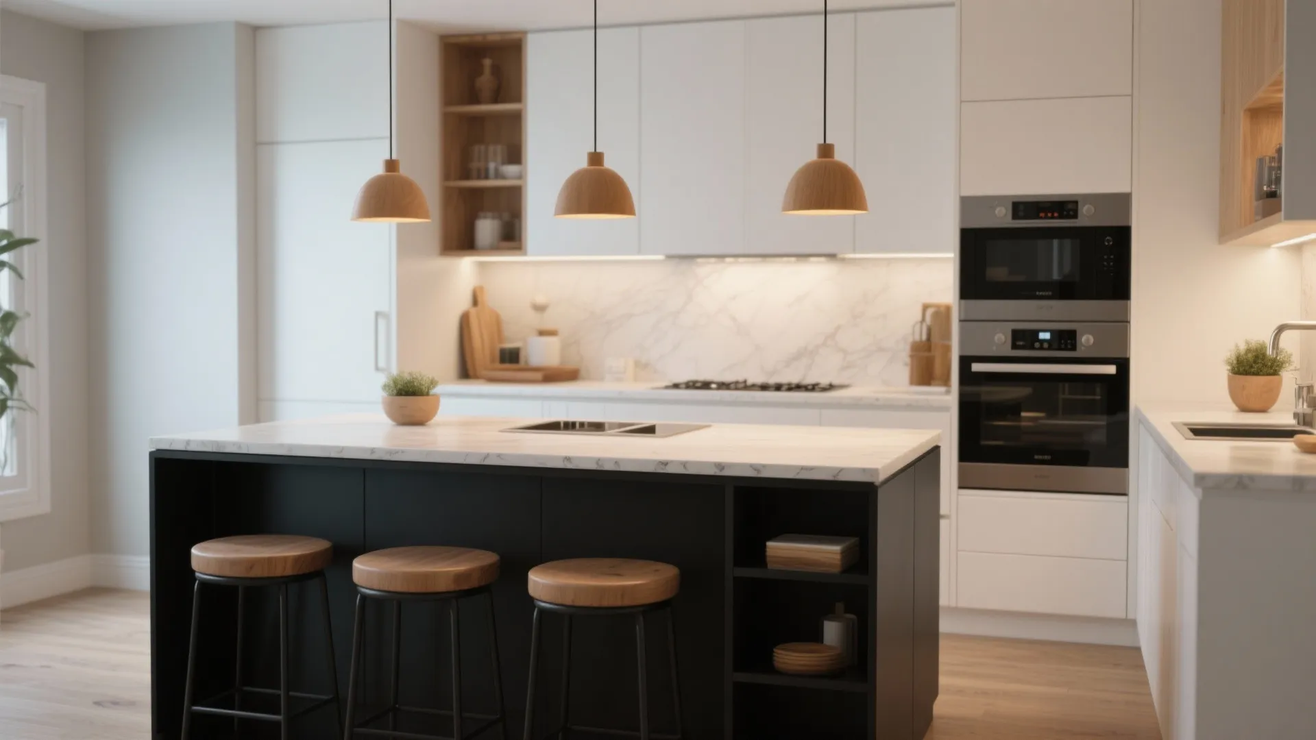 2. Black Islands with White Perimeter Cabinets