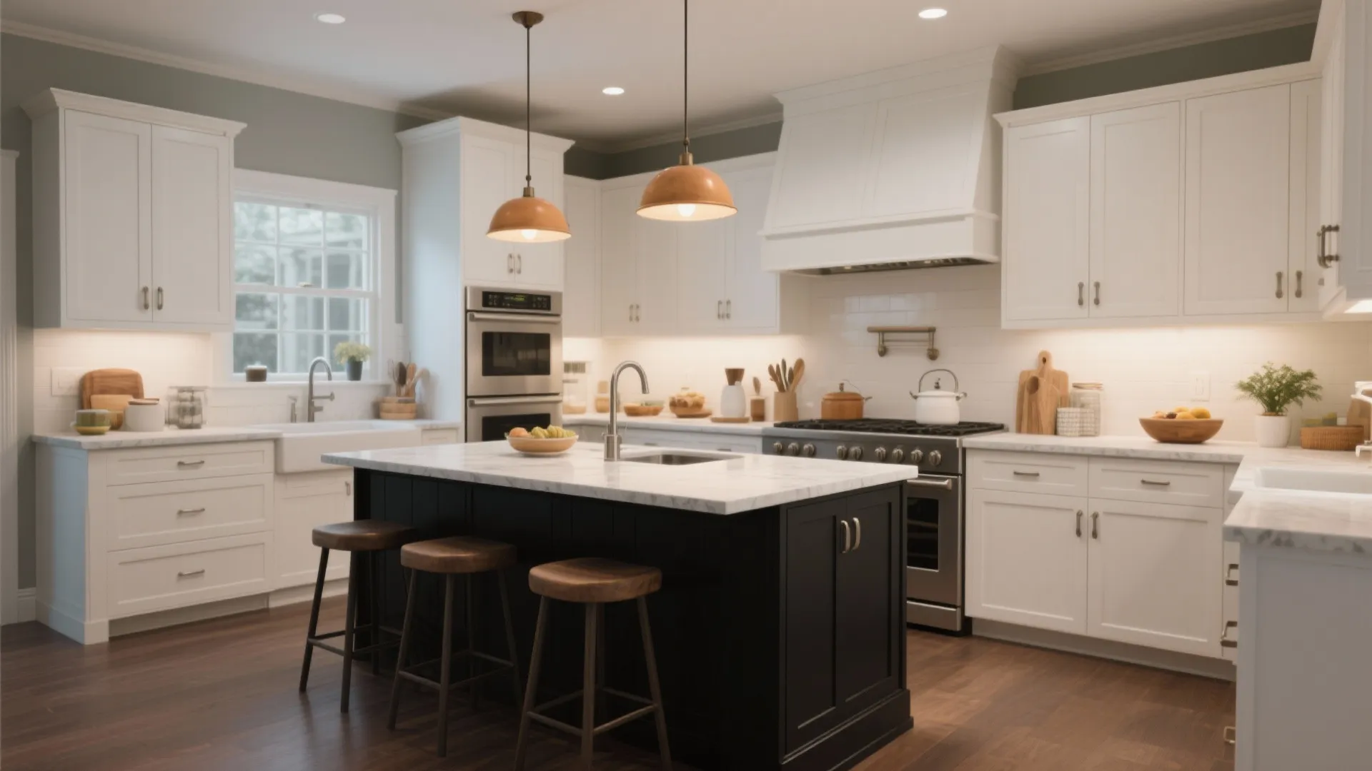 2. Black frameless islands with white Shaker perimeter