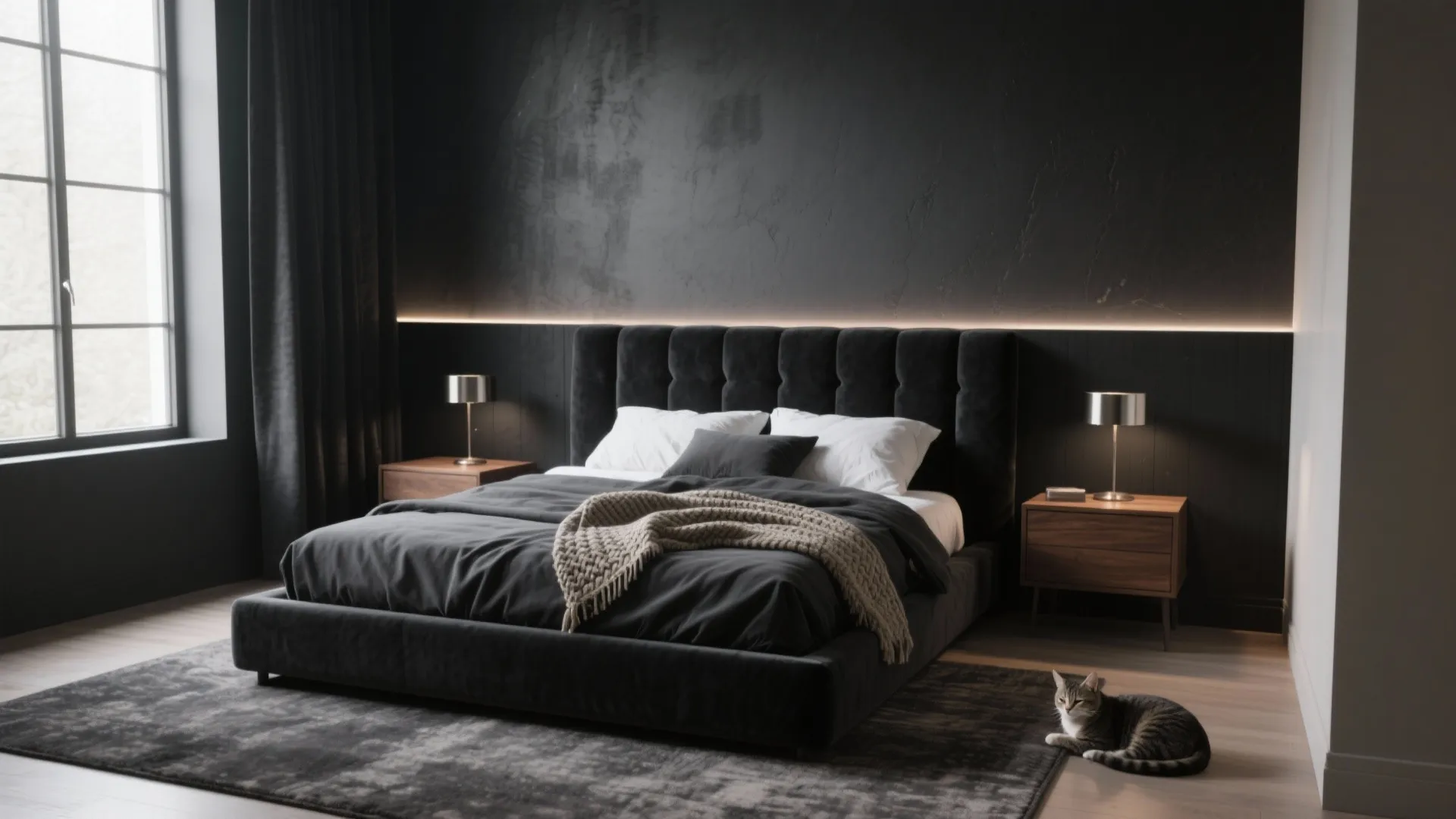 Modern dark bedroom with black bed grey rug wood bedside tables window and a cat