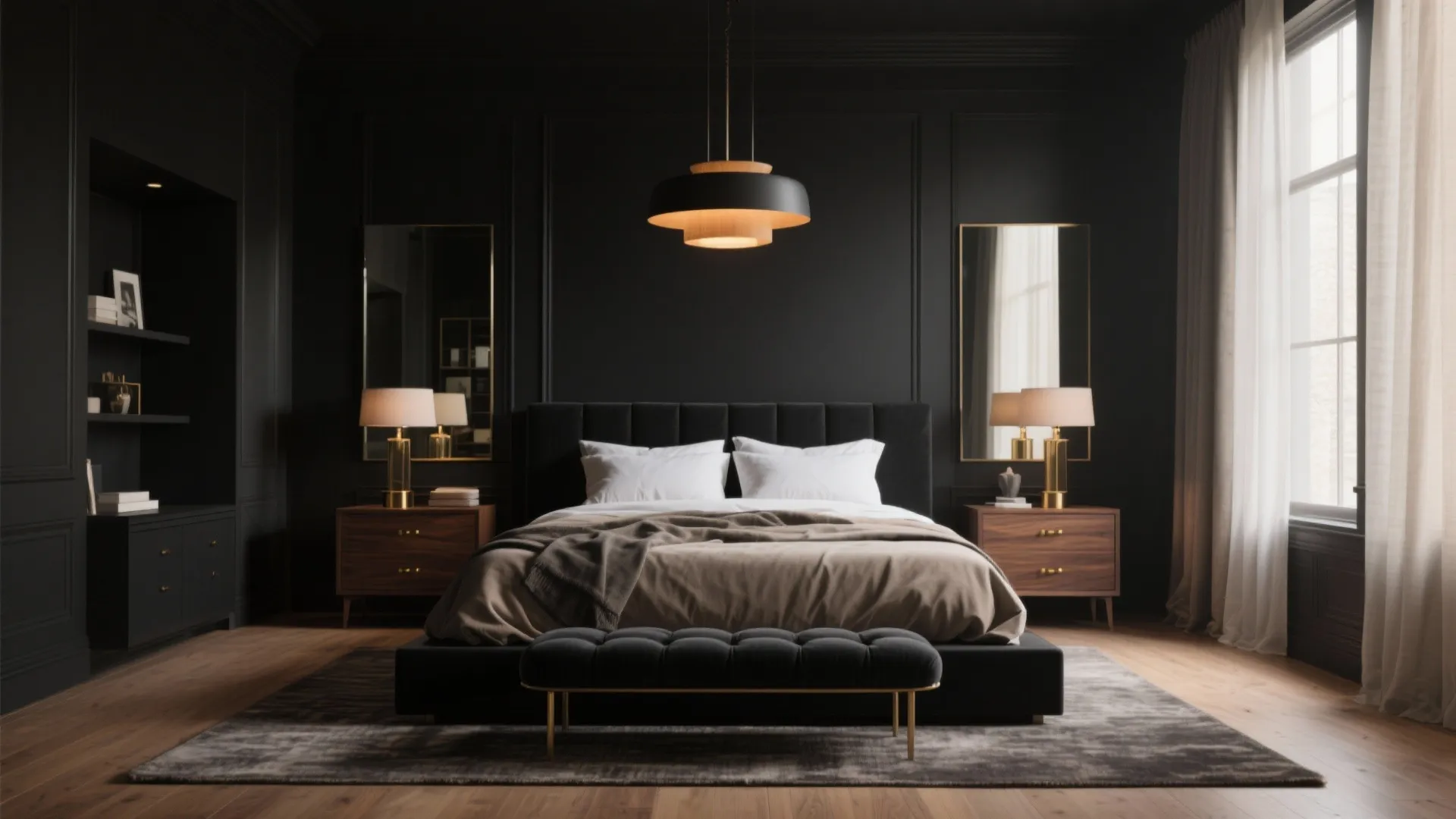Luxury dark bedroom with a black bed footrest ceiling light two mirrors and wood floor