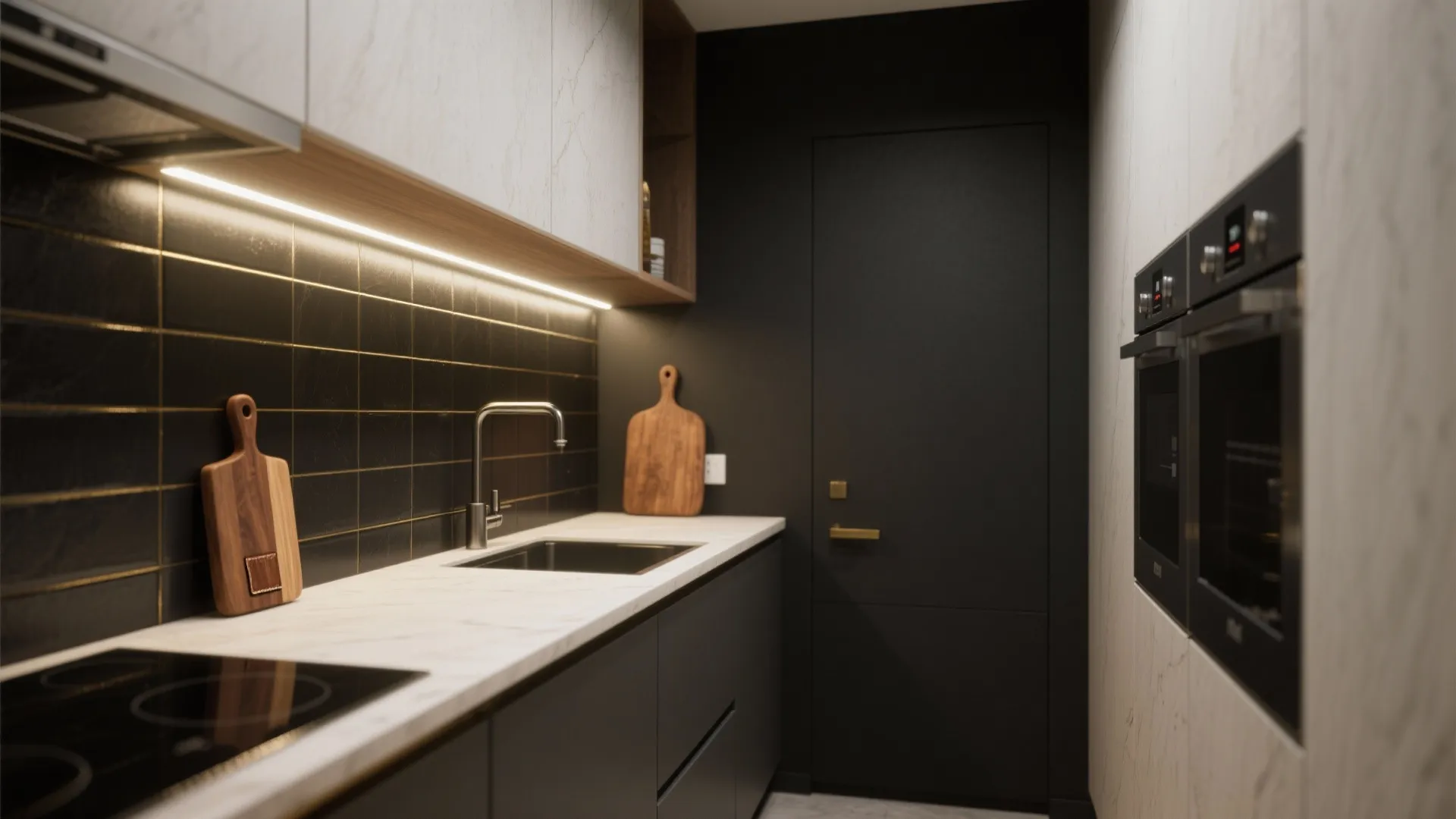 Compact galley kitchen with satin black backsplash, brass trim, under-cabinet LEDs, and pale counters.