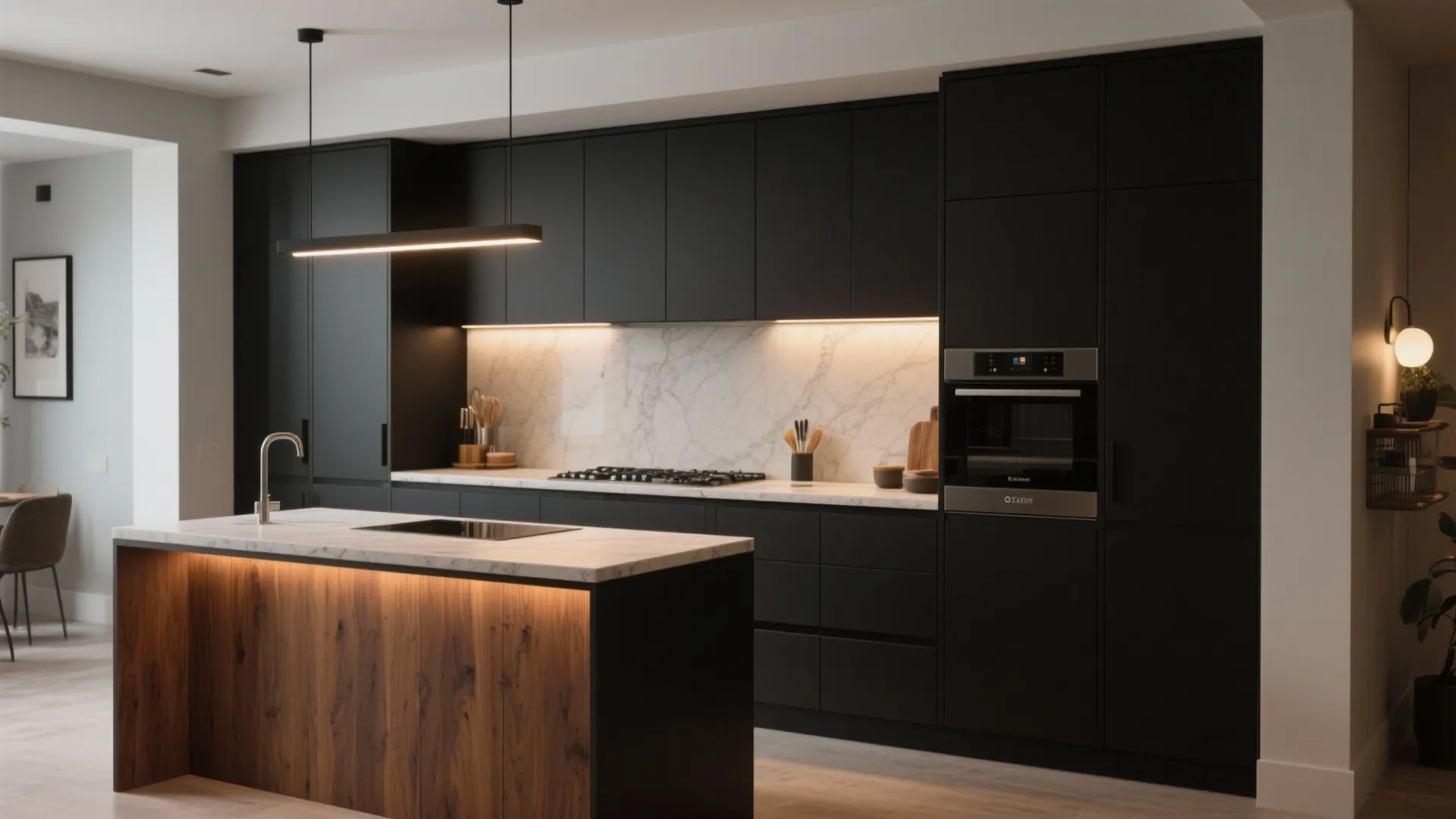 Modern kitchen design with matte black cabinets, marble backsplash, wood island, and minimalist hanging lights