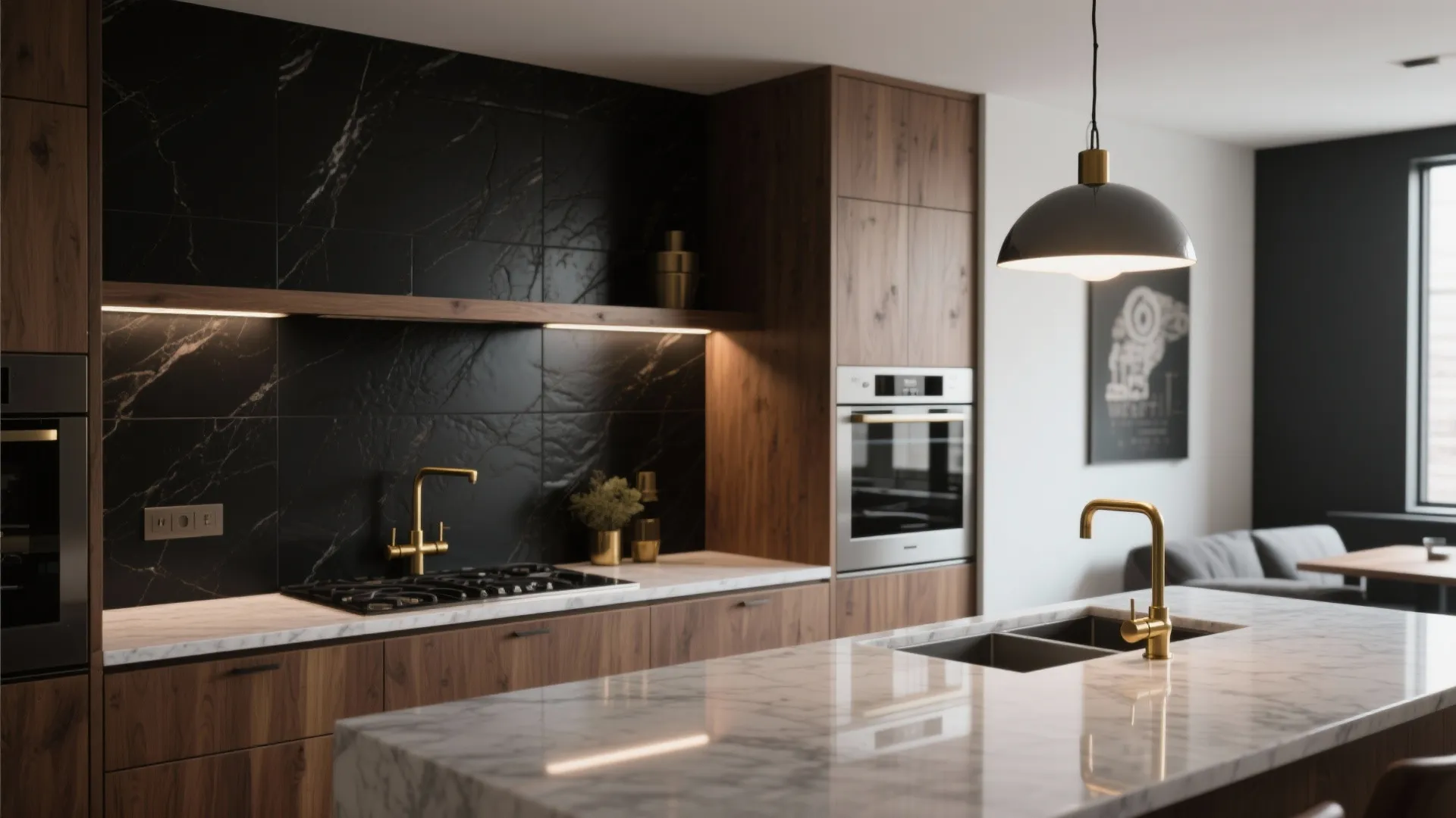 Modern kitchen with wood cabinets black marble backsplash white marble island and gold water faucets