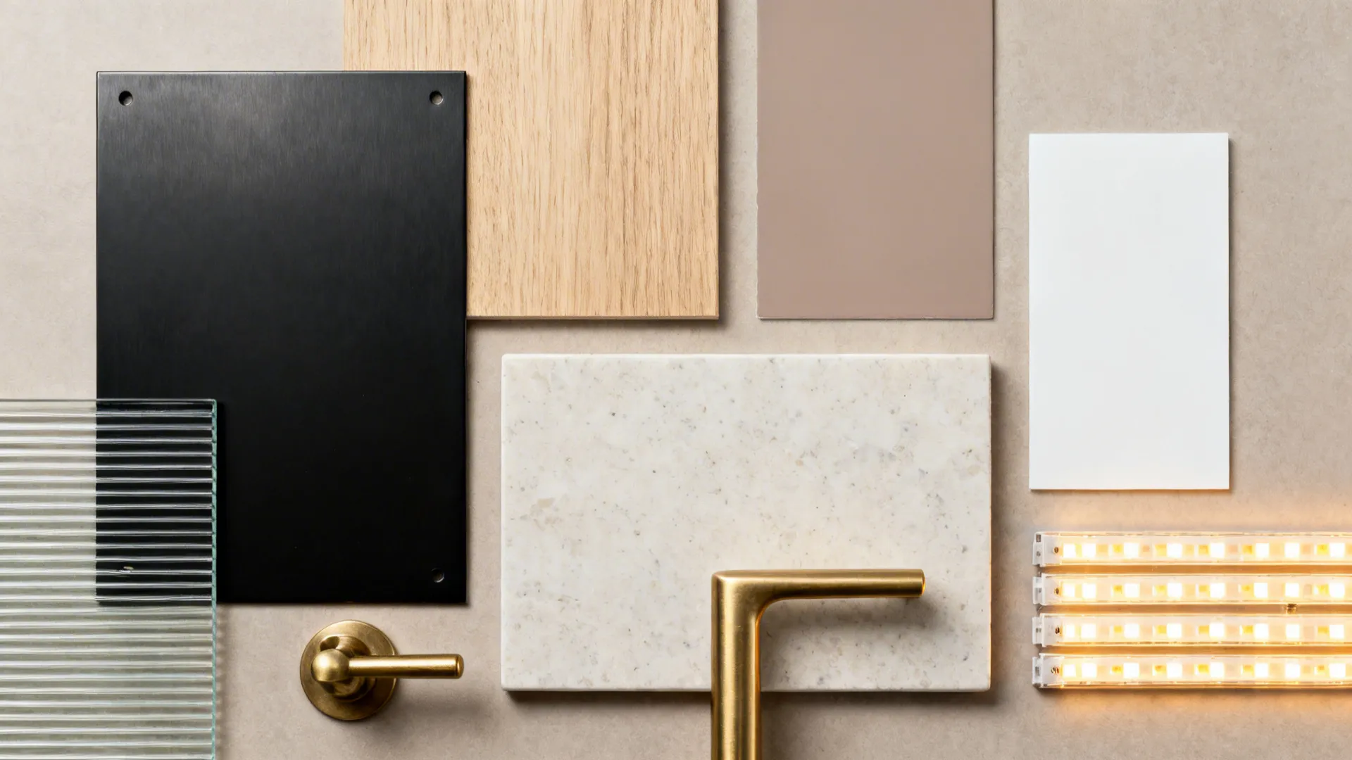 Top-down material board with black finishes, light oak, taupe, warm whites, porcelain tile, brass, and ribbed glass.