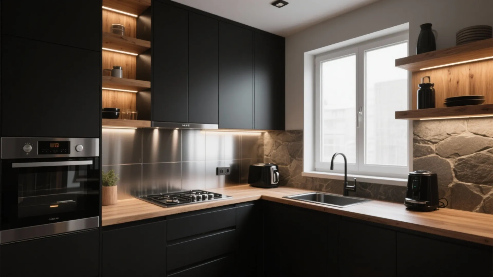 Modern black kitchen with wood countertops stainless steel oven large window and stone wall accents