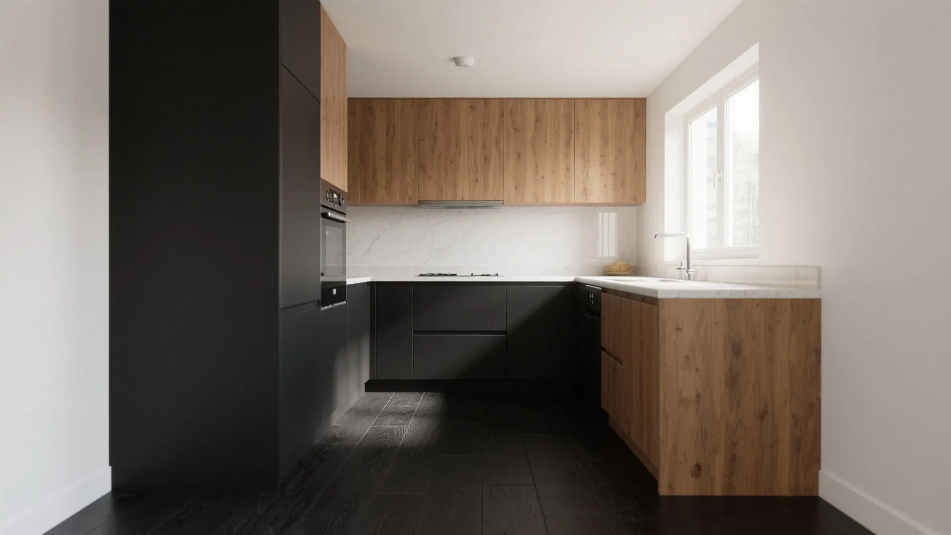 Modern kitchen design with wooden cabinets and black cabinets plus black wood floor and light