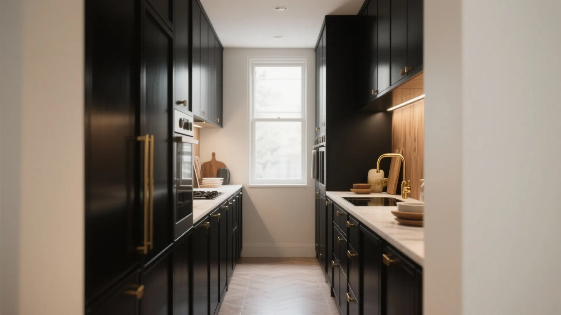 Narrow kitchen with black cabinets gold handles wooden backsplash and a window at the end