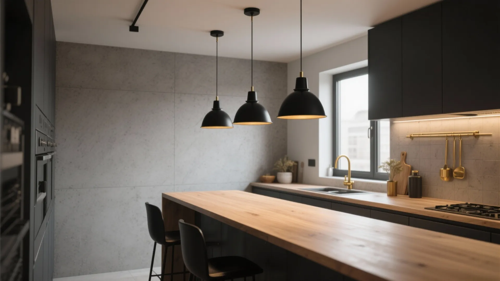 Modern kitchen with black ceiling lights over wooden island and dark cabinets with gold faucet
