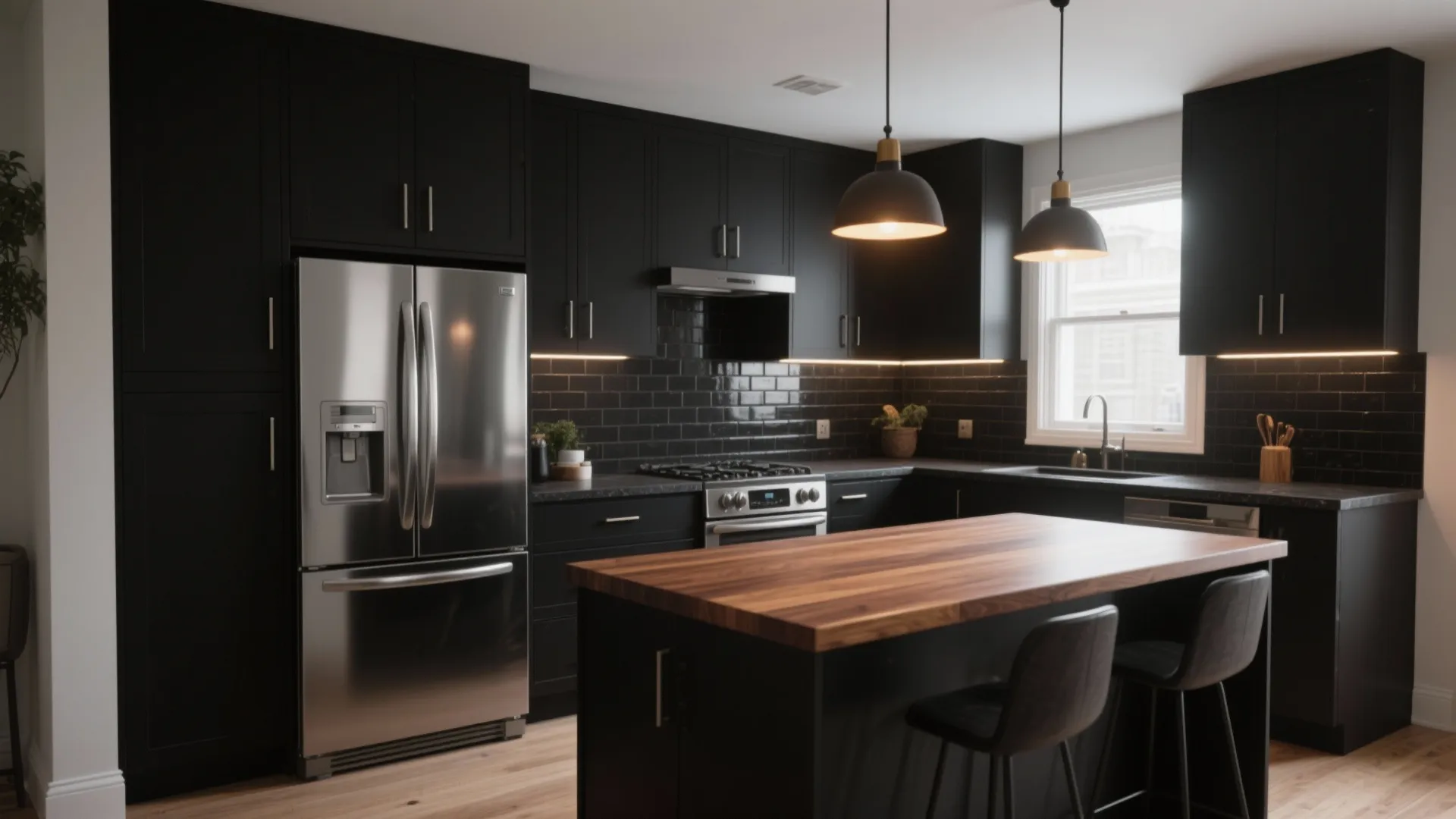 Black kitchen cabinets with wood island table hanging ceiling lights stainless refrigerator and dark backsplash