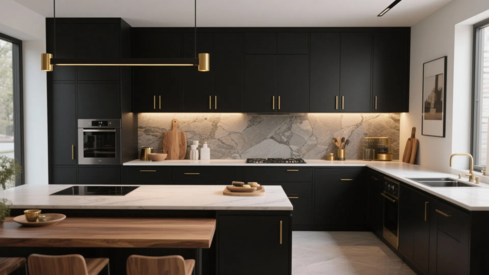 Modern black kitchen with marble backsplash gold faucet kitchen island wooden dining table and ceiling light