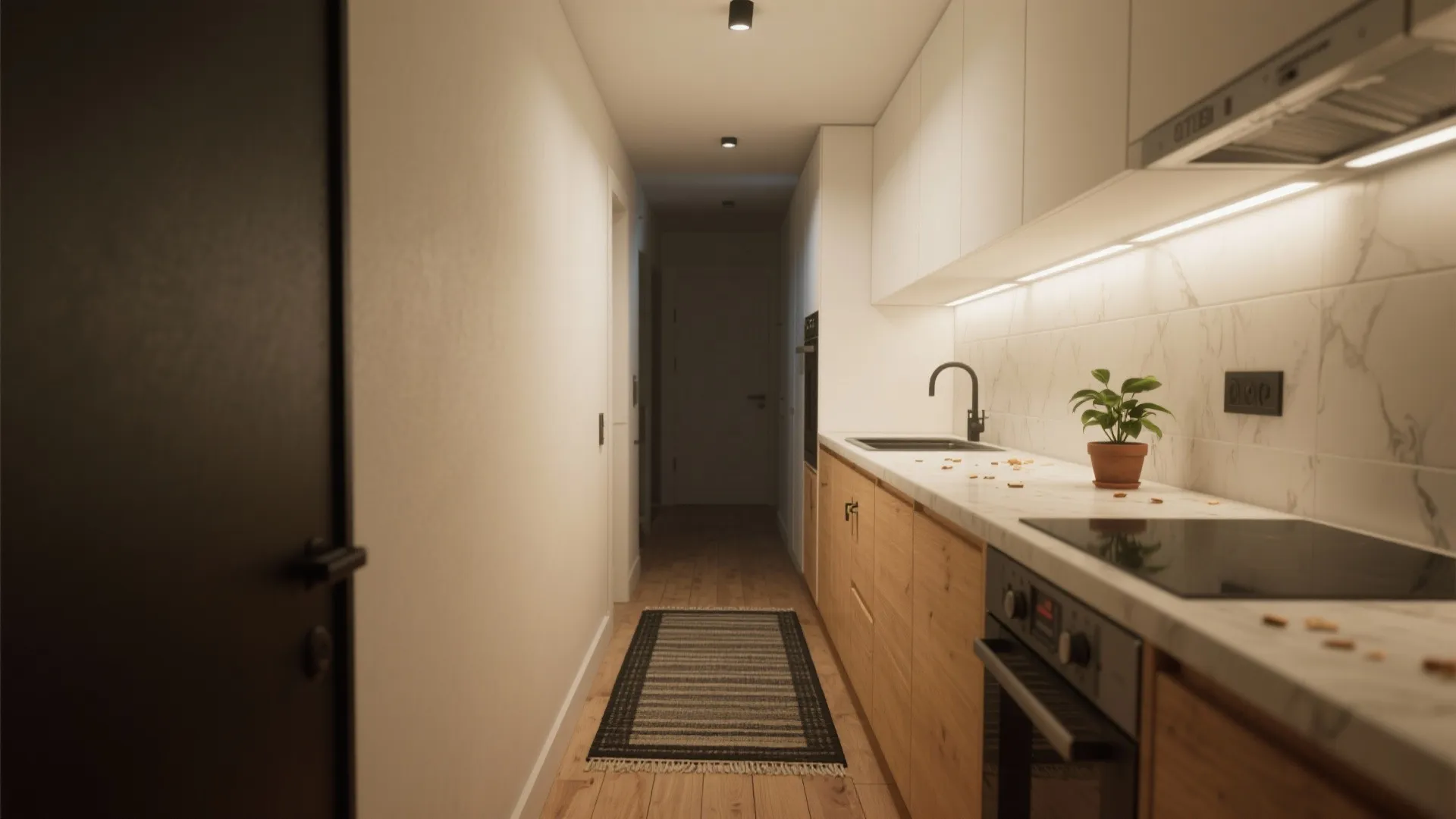 Modern kitchen with wood cabinets white marble countertop and a black patterned runner floor rug