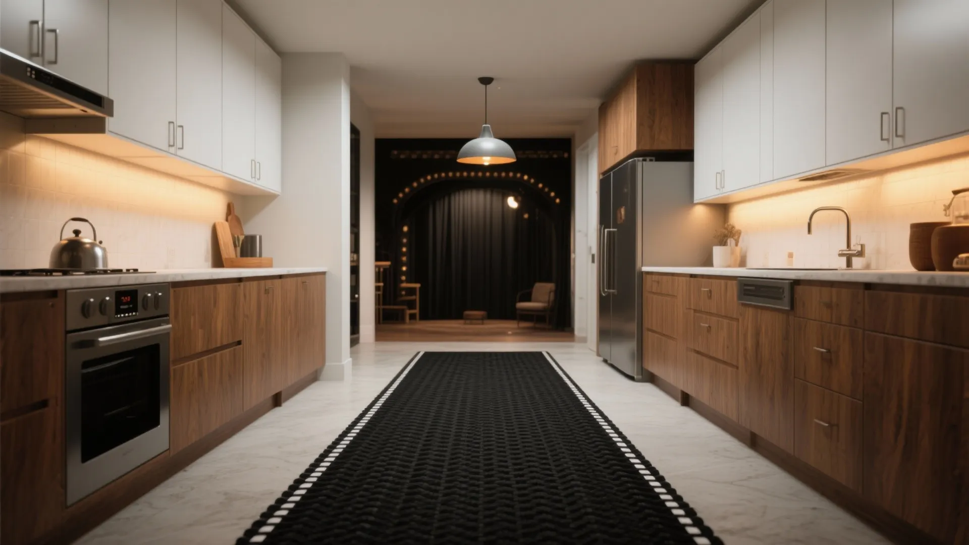 Modern kitchen with wood cabinets white countertops a long black rug and a ceiling light