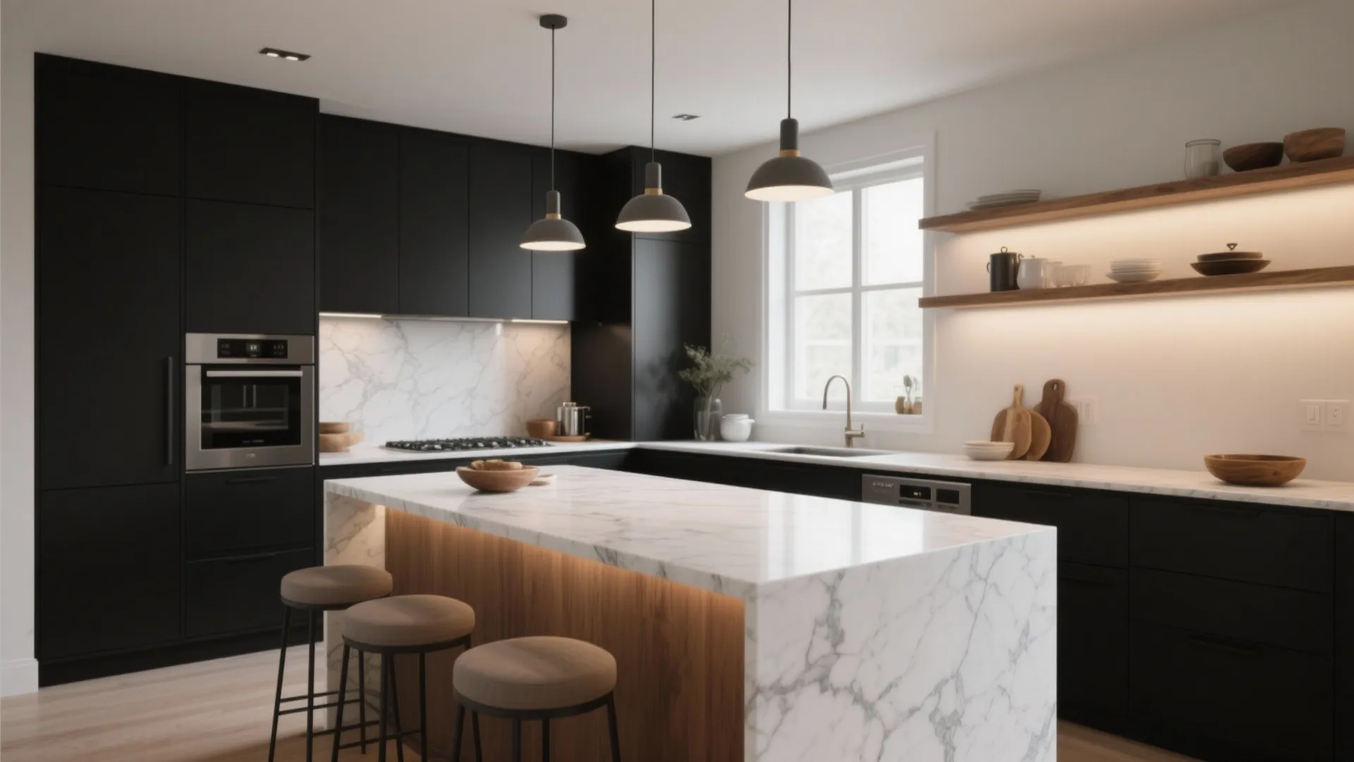 Modern black kitchen featuring white marble island with wood accents three ceiling lights and stools