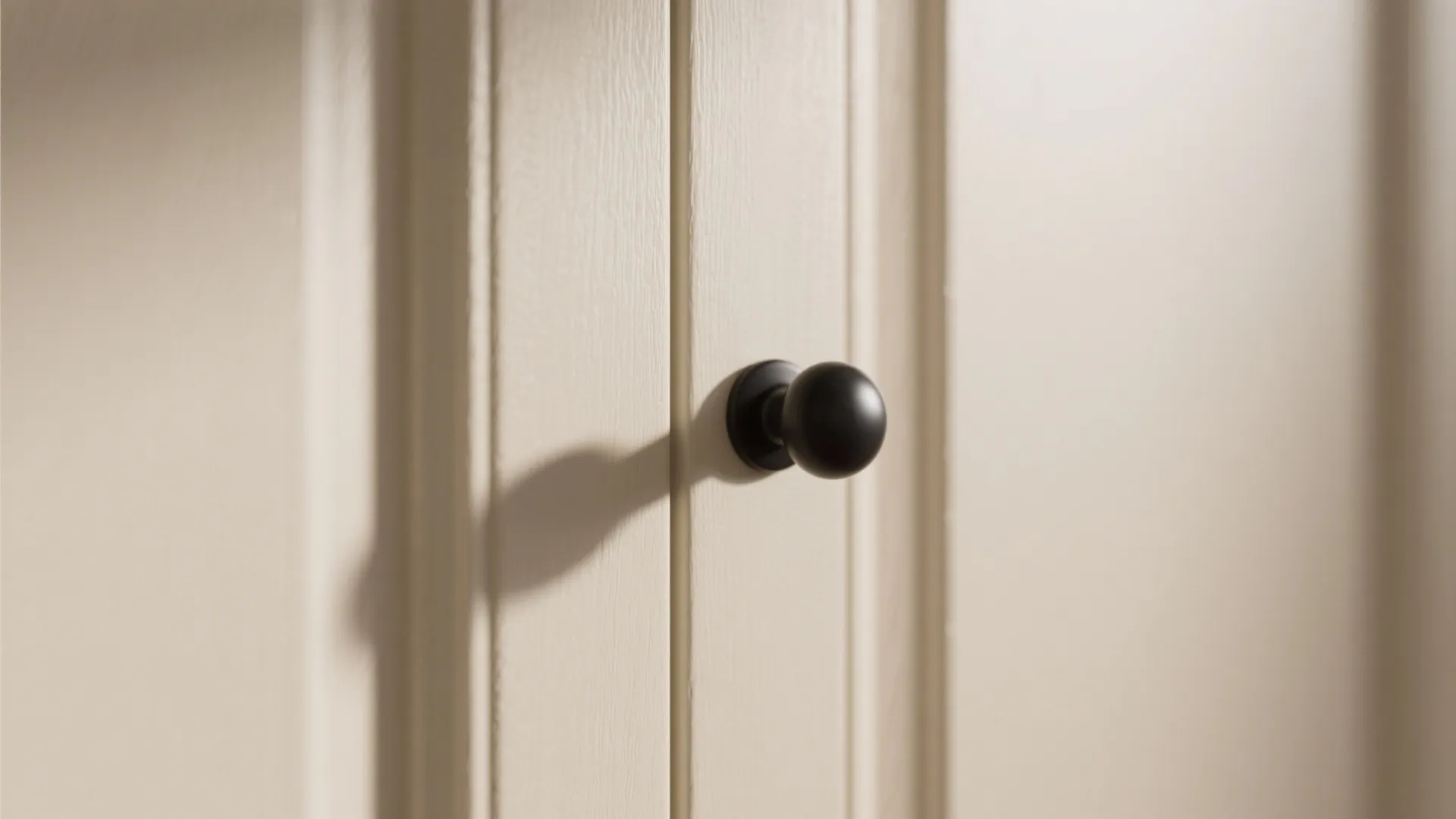 Close up of a round black door handle on a cream colored wooden cabinet door