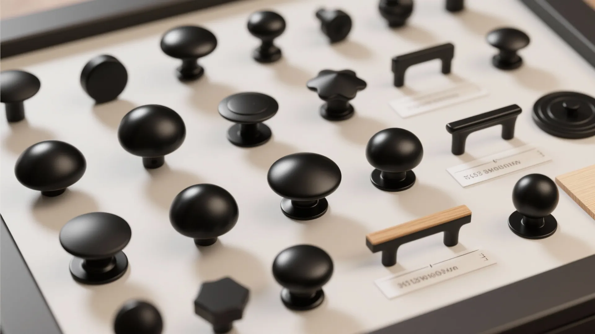 Flatlay of various black cabinet knobs and a spacing template for budget-friendly refreshes