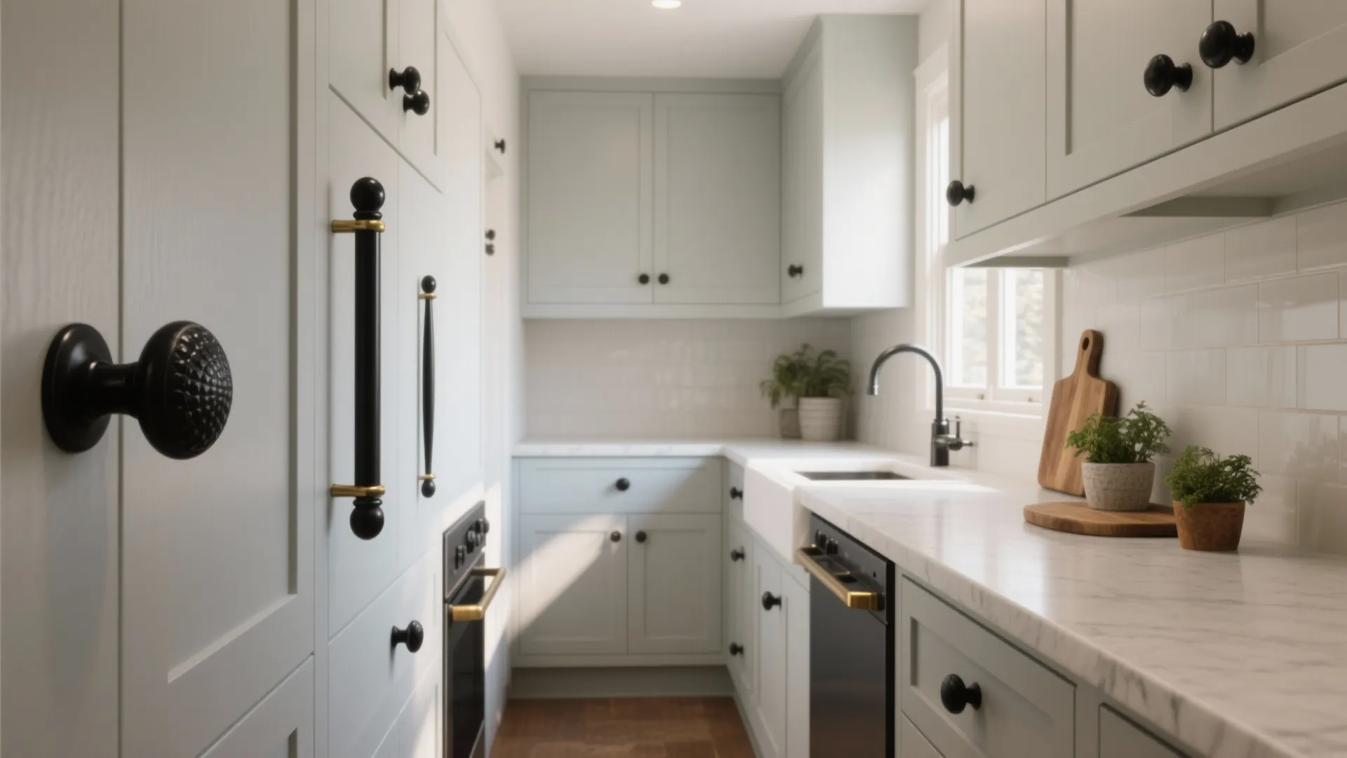 Modern light grey kitchen cabinets with black round knobs and long handles on white marble countertop