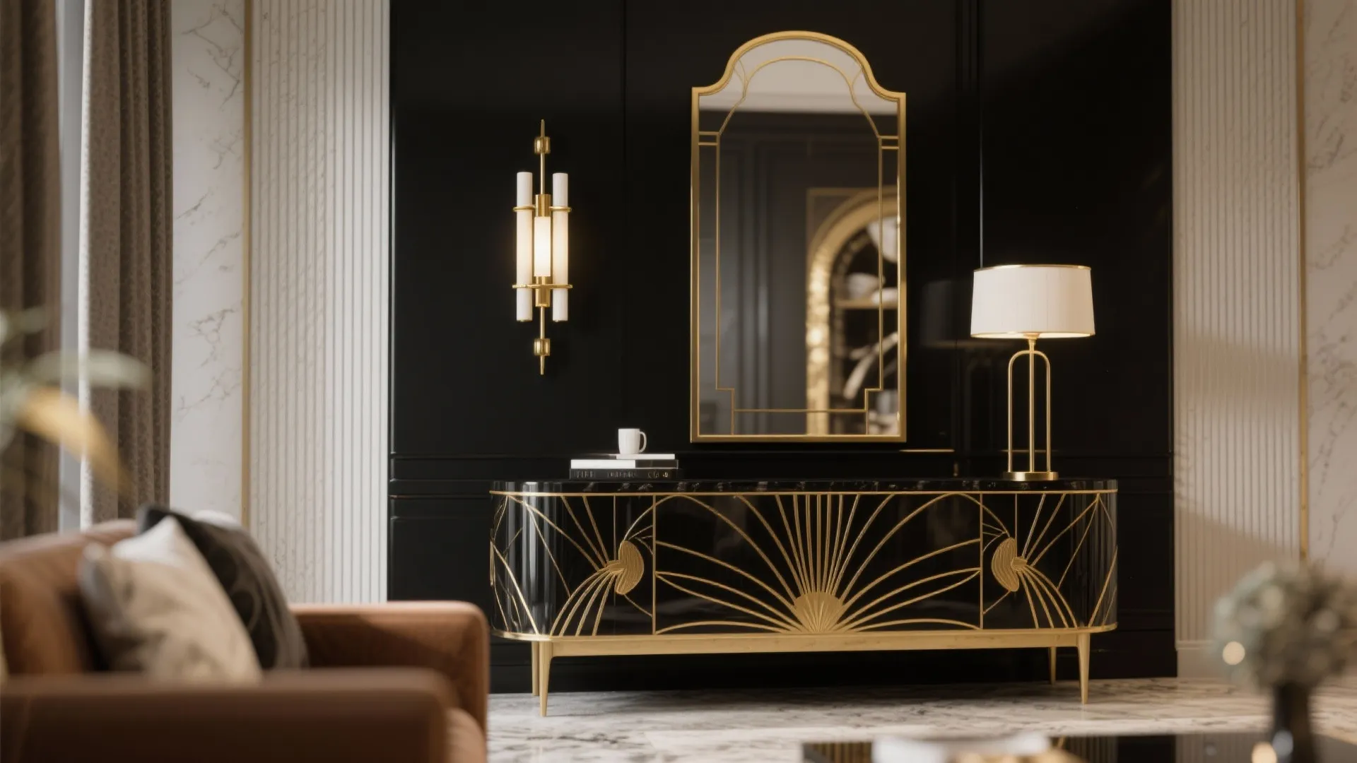 Elegant black cabinet with gold patterns paired with a wall light mirror and a table lamp