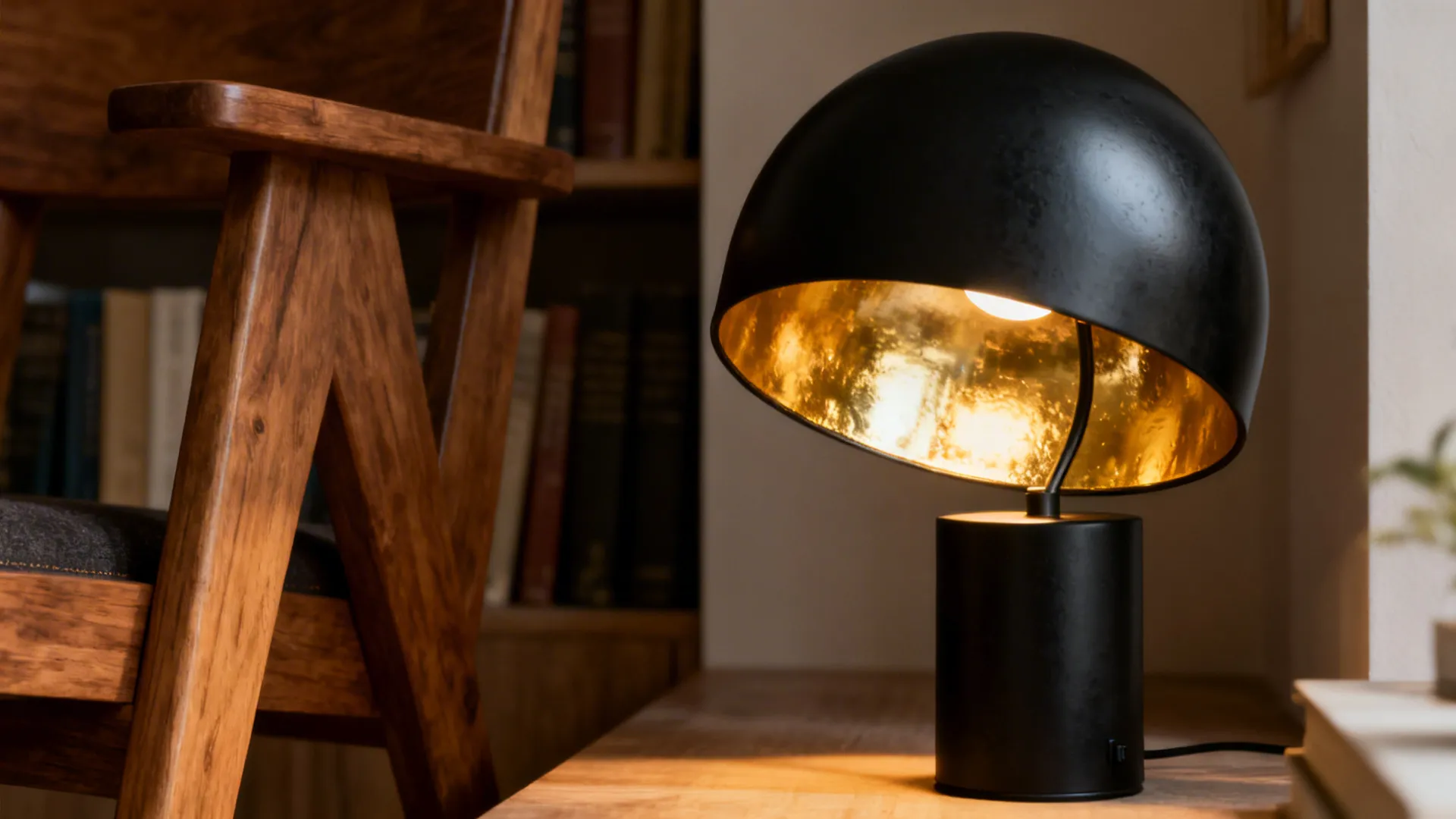Black lamp with a warm gold interior casting cozy light in a reading nook