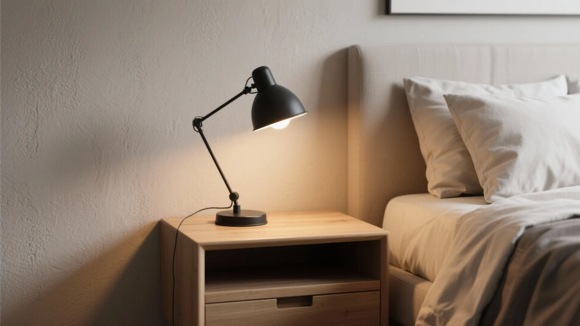 Cozy bedroom corner with black desk light on wooden bedside table and white pillow bed