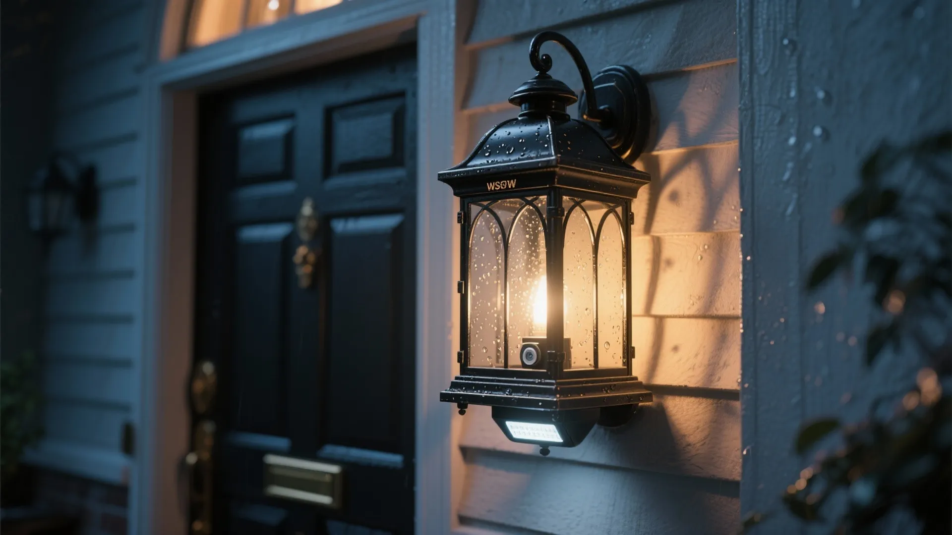 Black classic wall light with water drops on glass next to a dark front door
