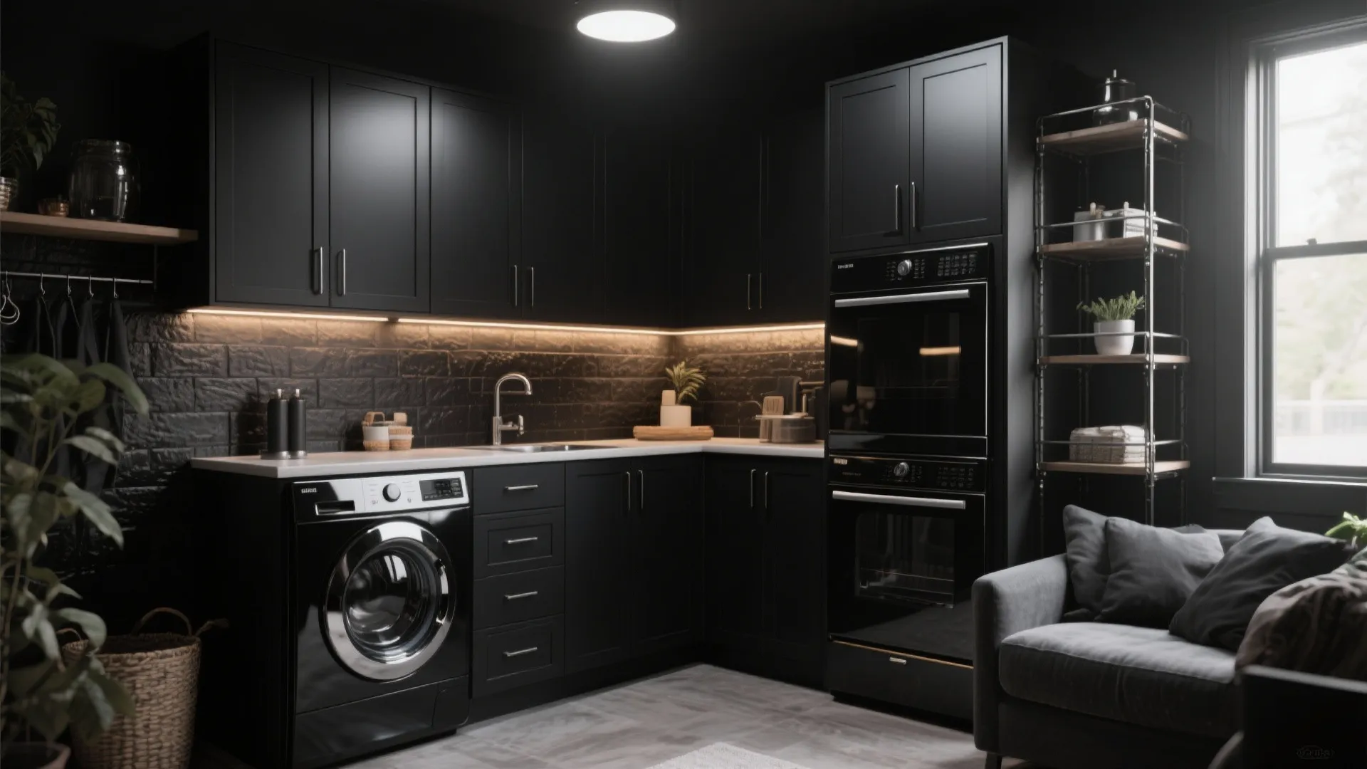 Modern black kitchen and laundry room with dark cabinets washing machine oven and grey sofa