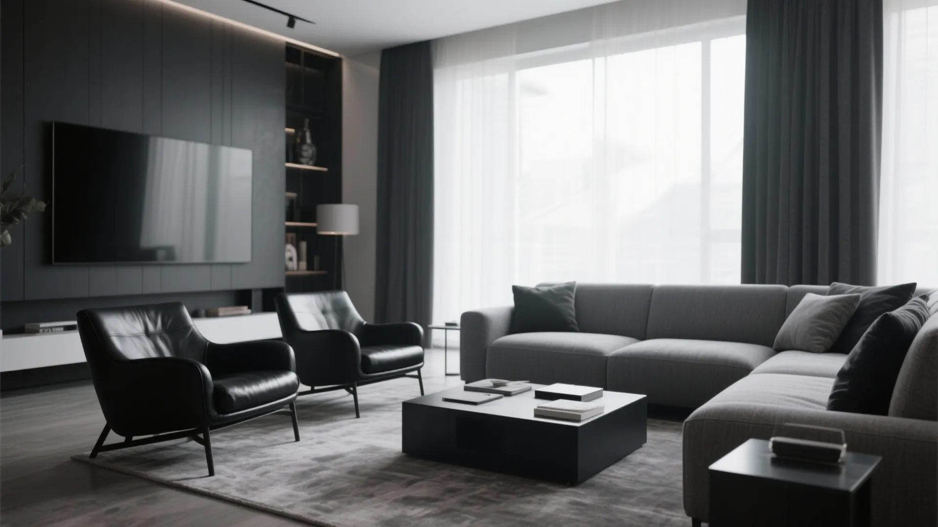 Living room with black leather chairs and gray fabric sofa