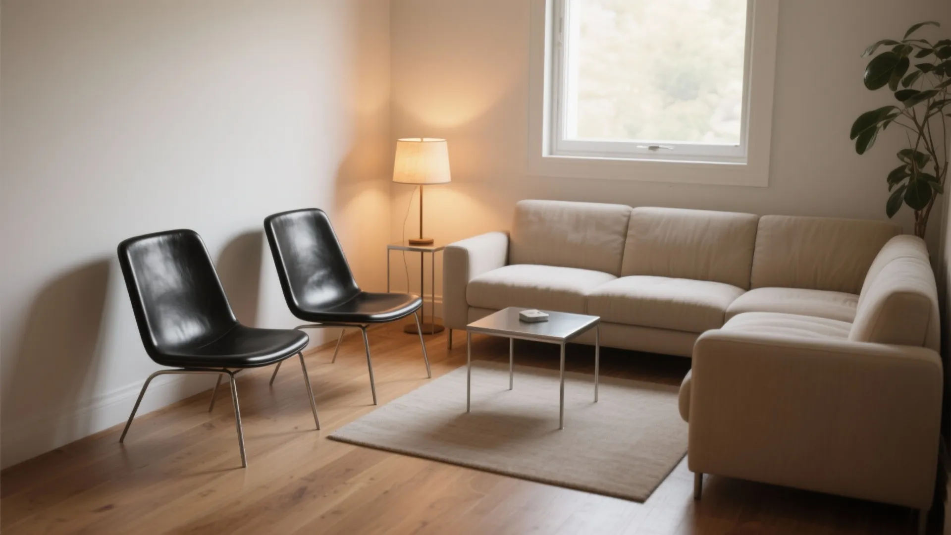 Modern living room with beige sofa two black chairs coffee table and warm table light