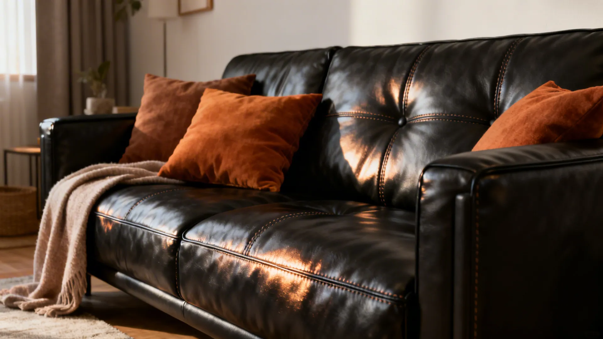 Black leather loveseat with warm cushions and a soft throw in a minimalist room