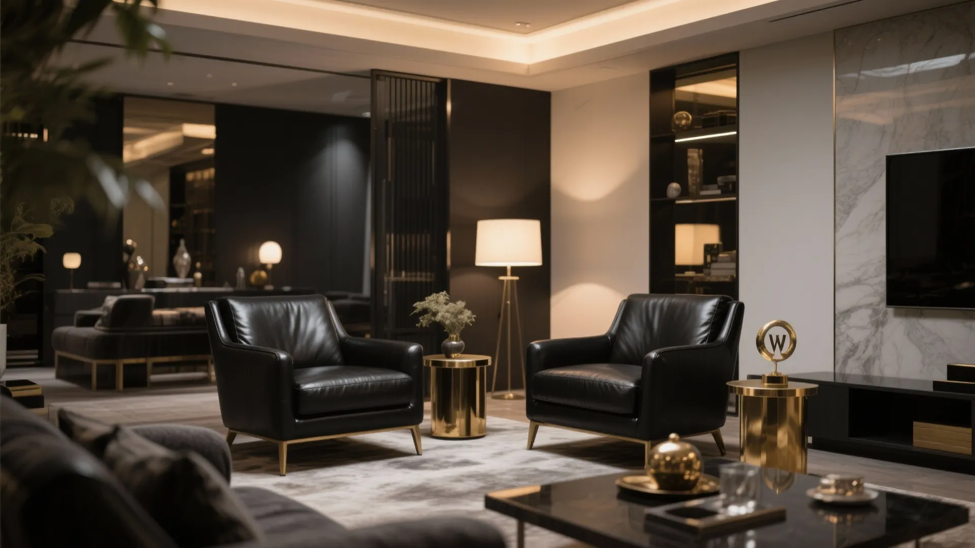 Metallic Accents with Black Leather Chairs