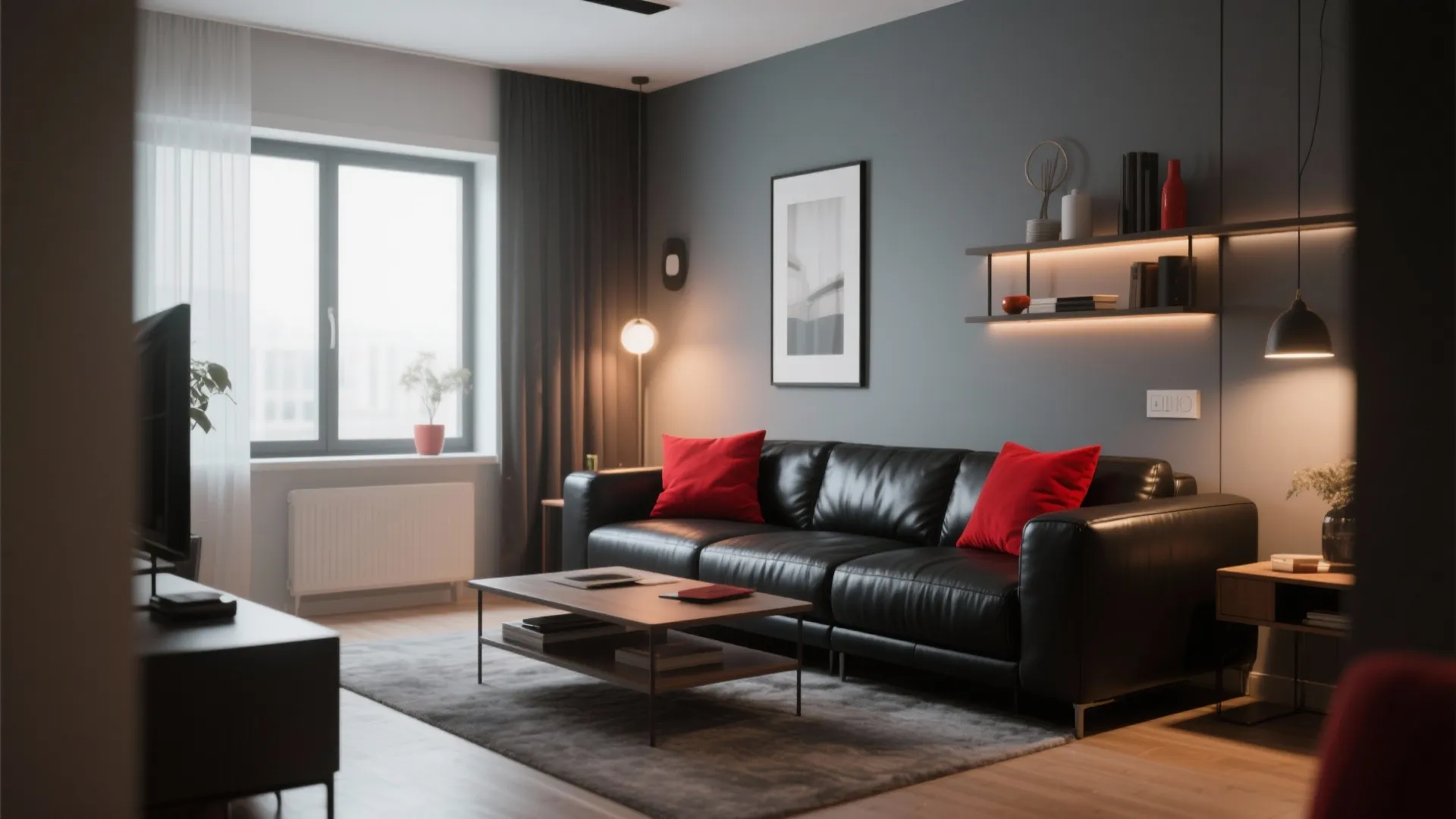 Modern living room with black leather sofa red pillows wooden coffee table and grey wall art
