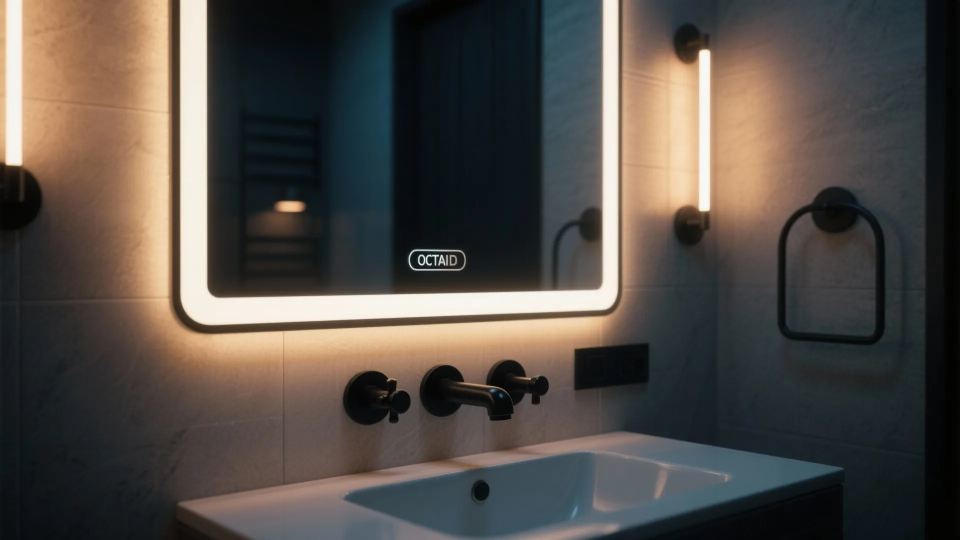 Modern bathroom with glowing light mirror black faucet white sink and wall light with warm tones